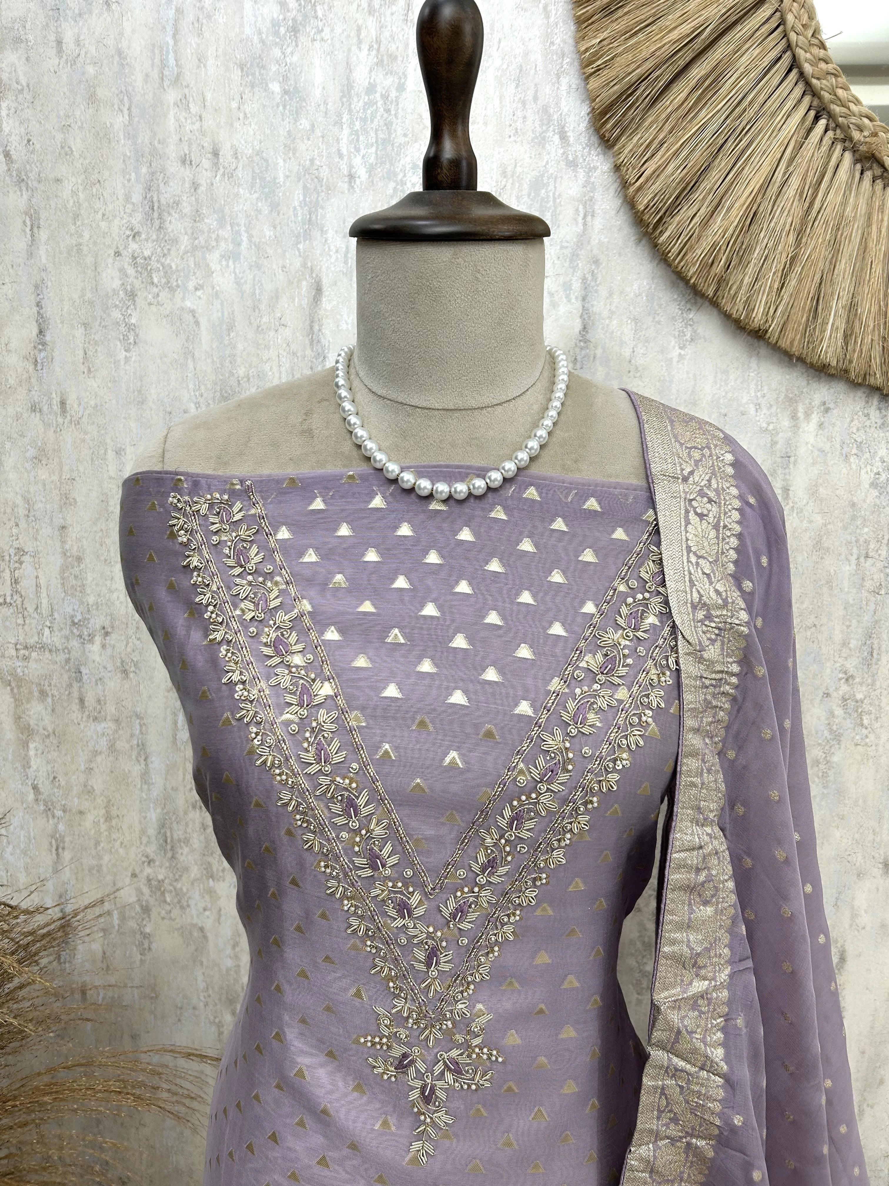 Maheshwari Unstitched Suit Set With Zardozi Work on Neckline