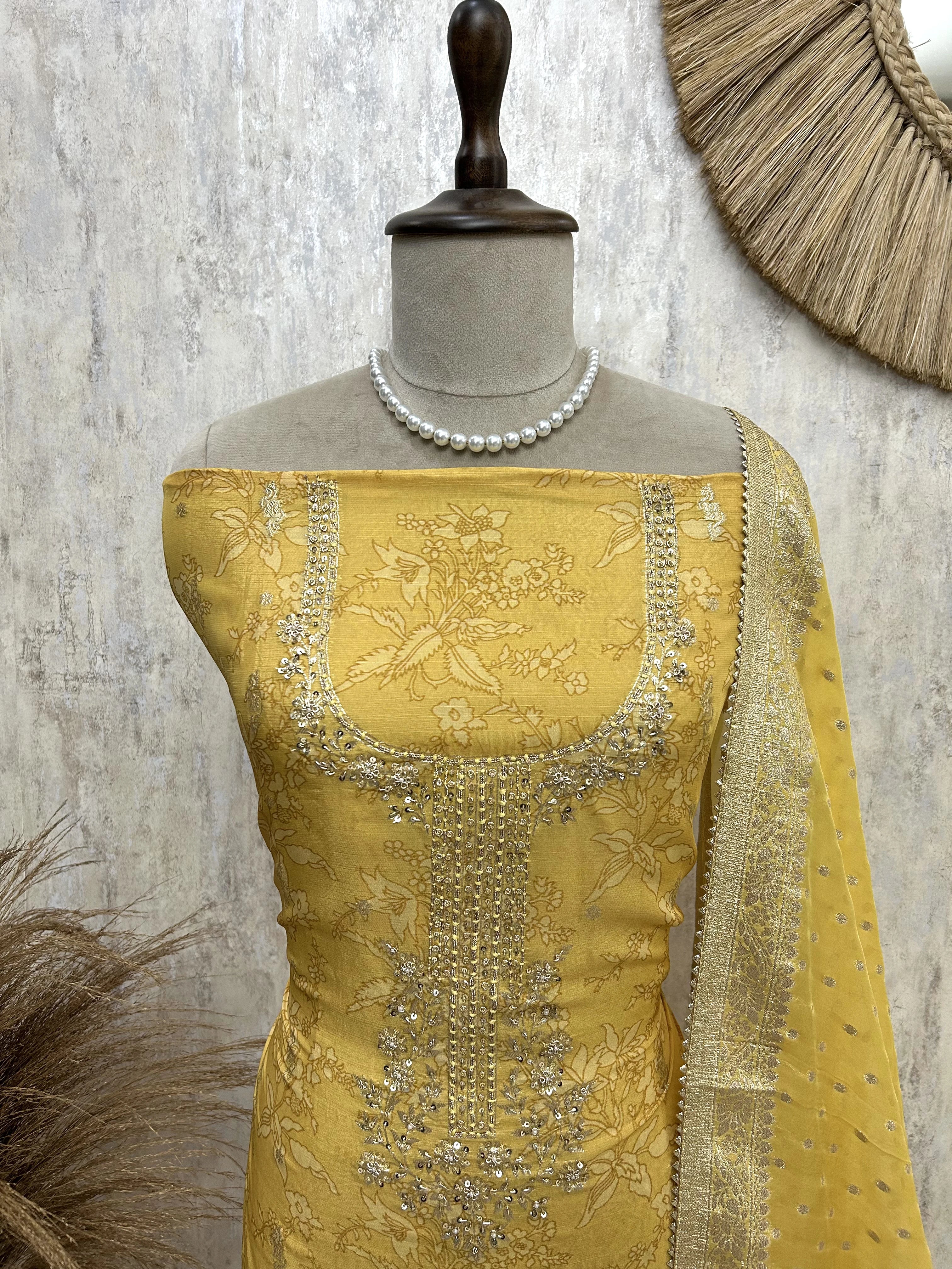 Zardozi Neckline Organza Unstitched Suit Set
