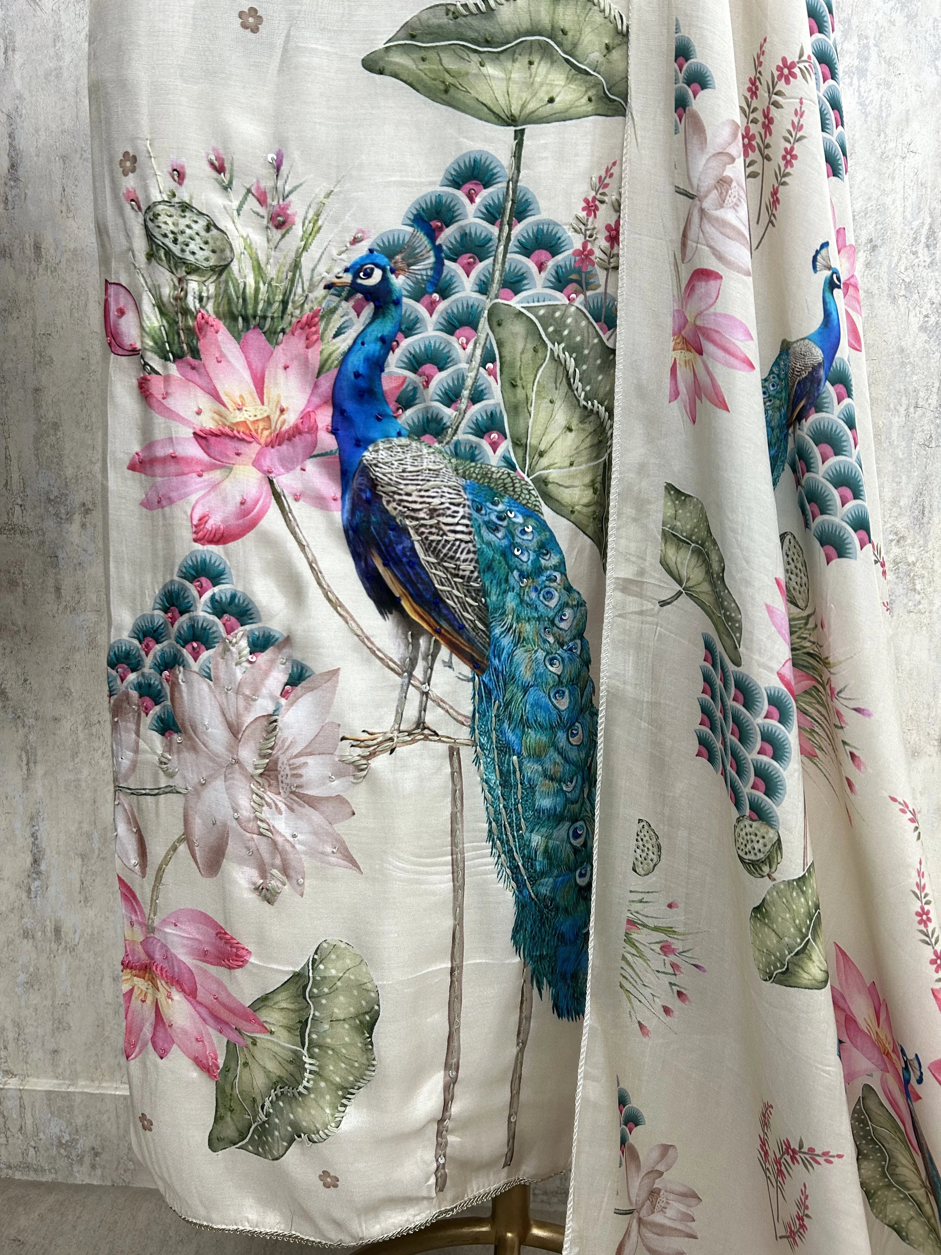 Peacock Print Muslin Unstitched Suit Set