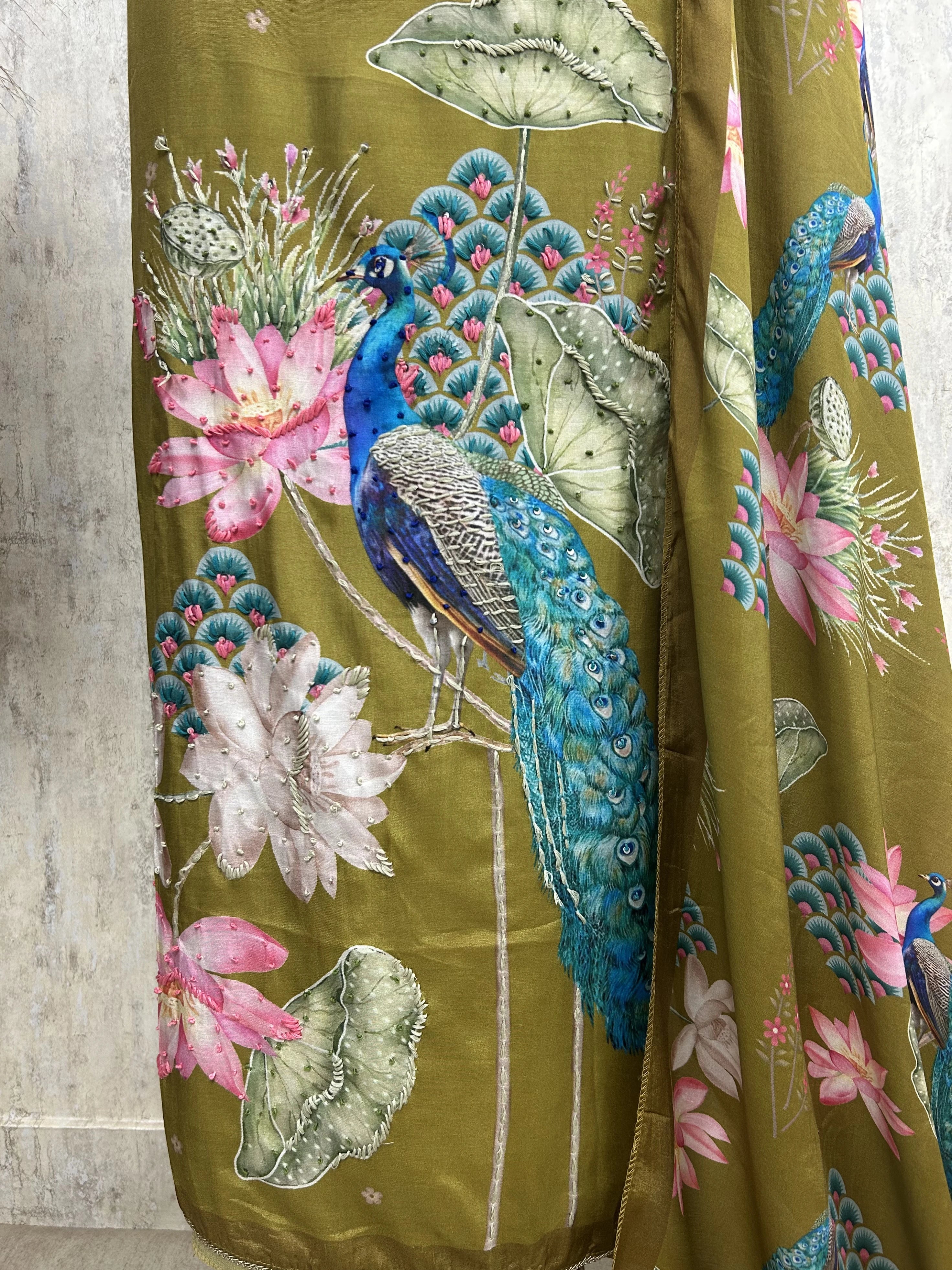 Peacock Print Muslin Unstitched Suit Set