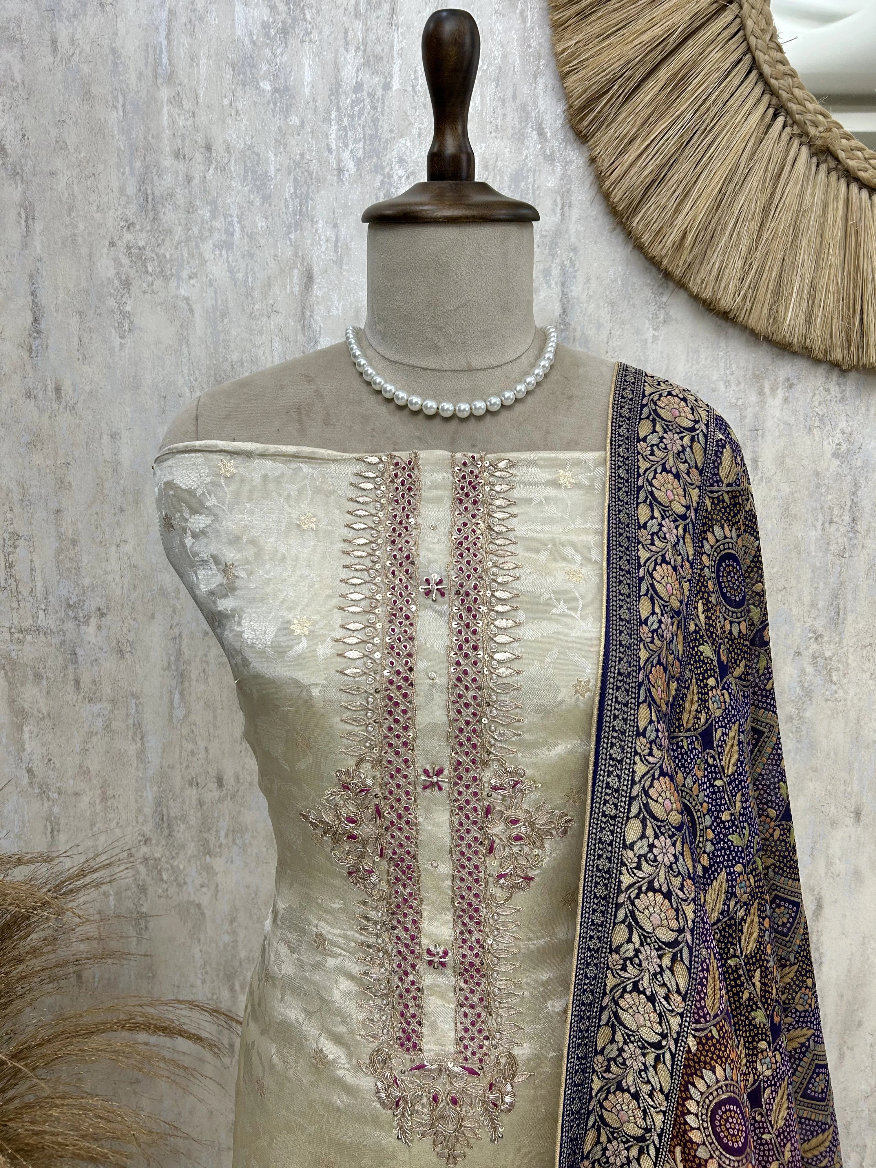 Hand Embroidered Tissue Silk Unstitched Suit Set