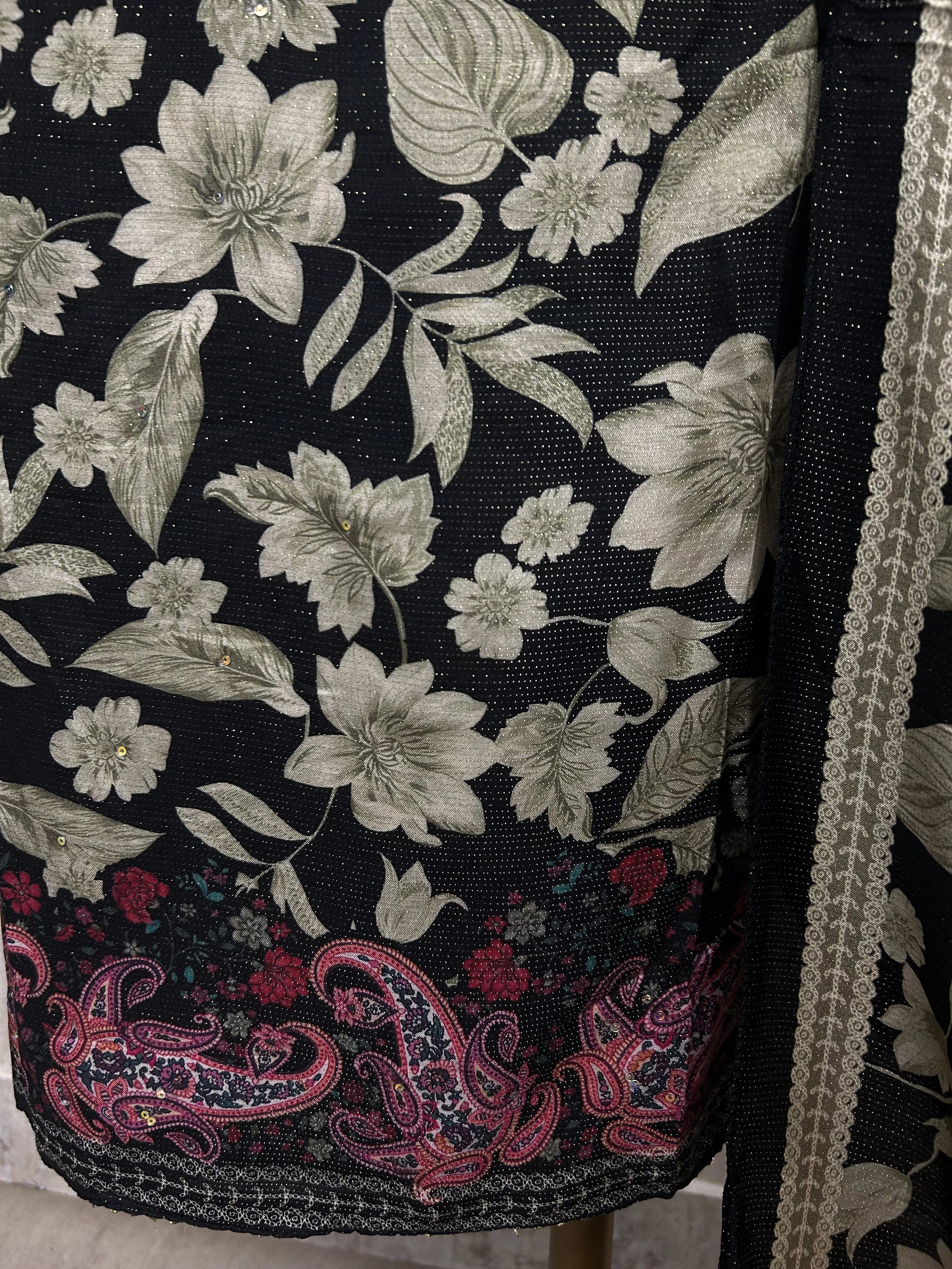 Muslin Unstitched Suit Set With Leaf Motifs Print