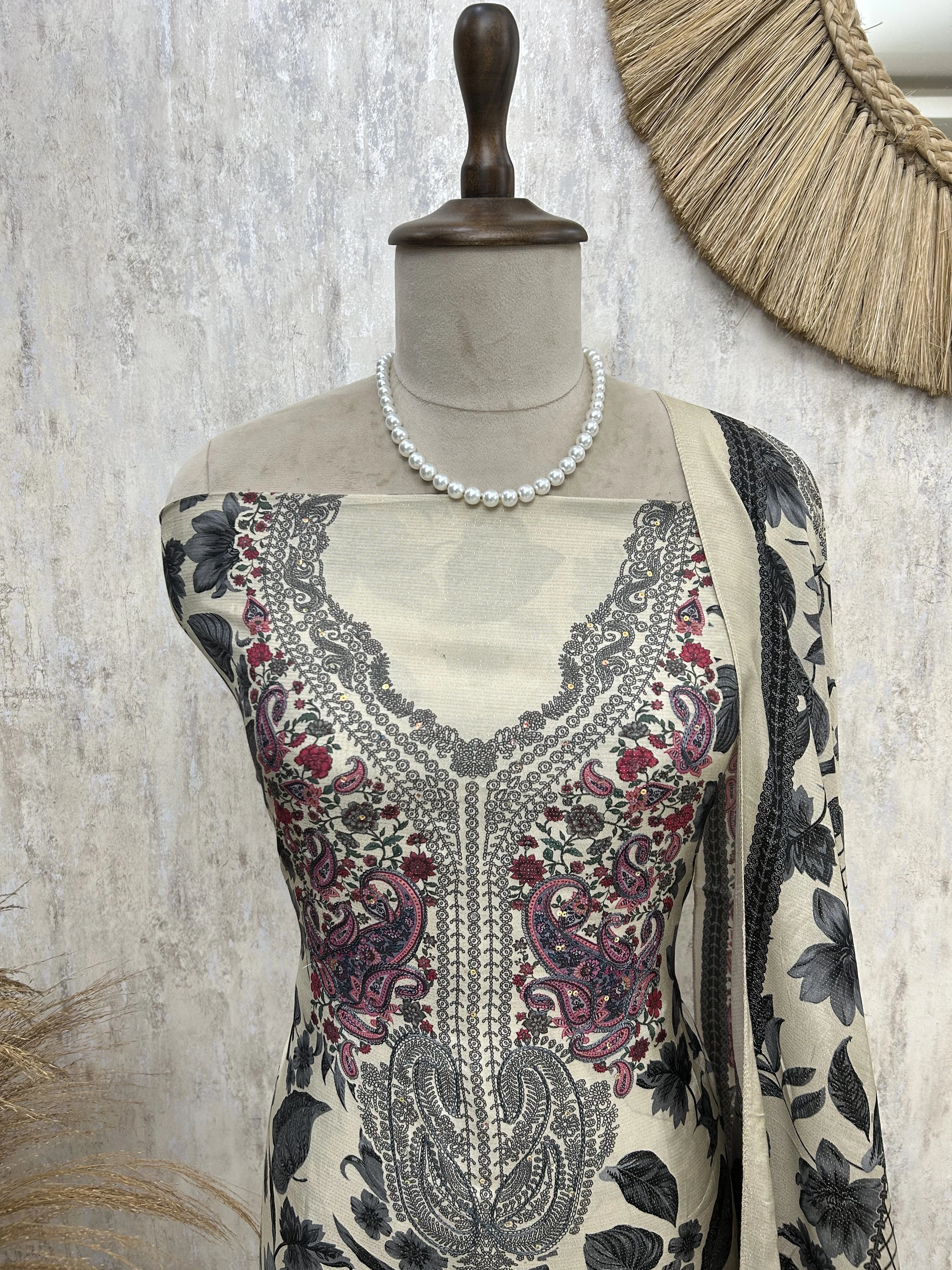 Muslin Unstitched Suit Set With Leaf Motifs Print