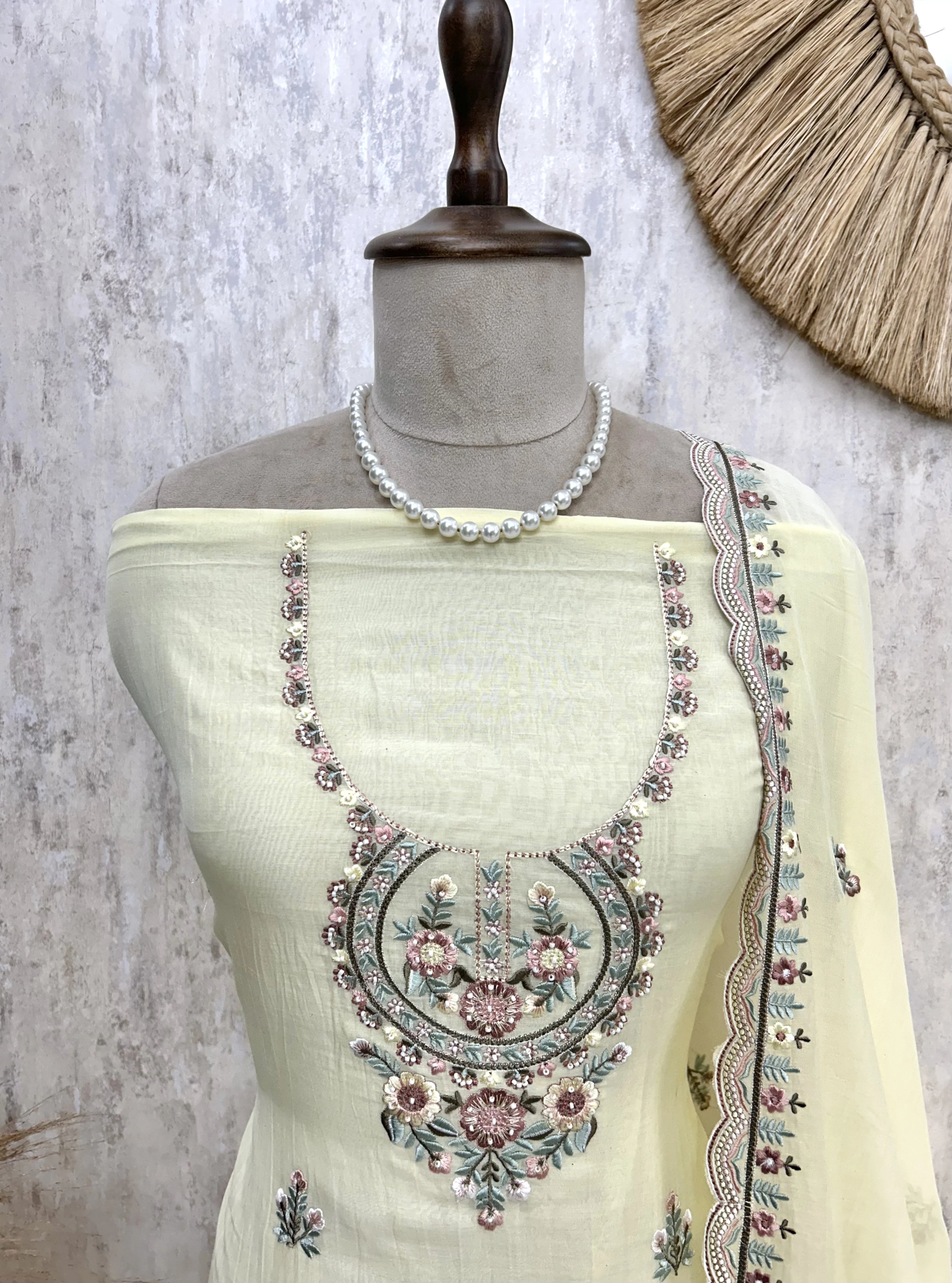 Thread Work Mul Chanderi Unstitched Suit Set