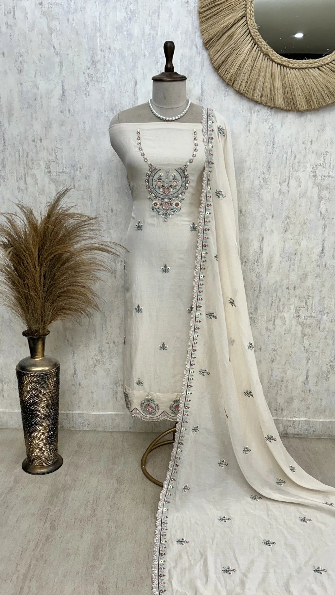 Thread Work Mul Chanderi Unstitched Suit Set