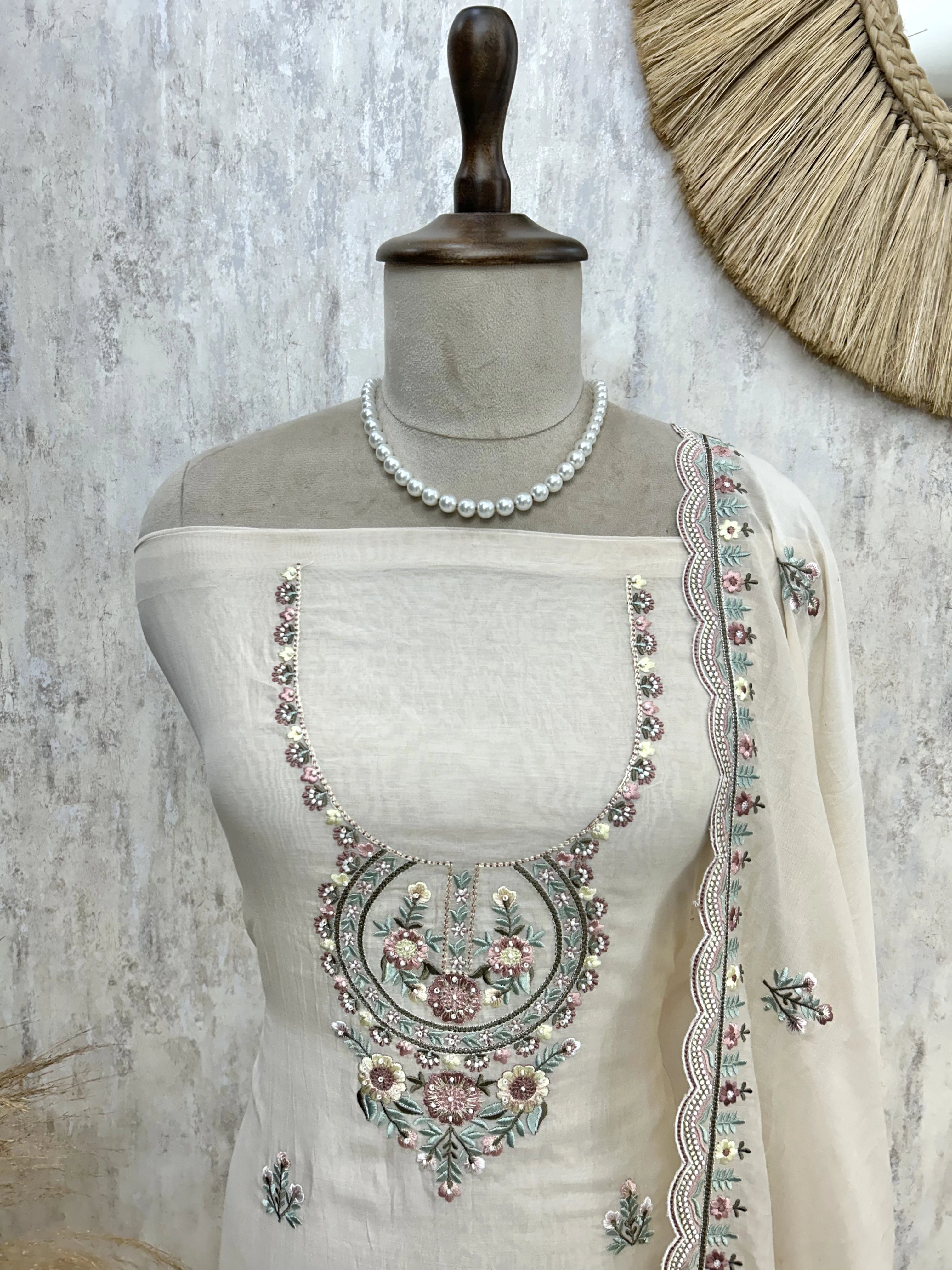 Thread Work Mul Chanderi Unstitched Suit Set