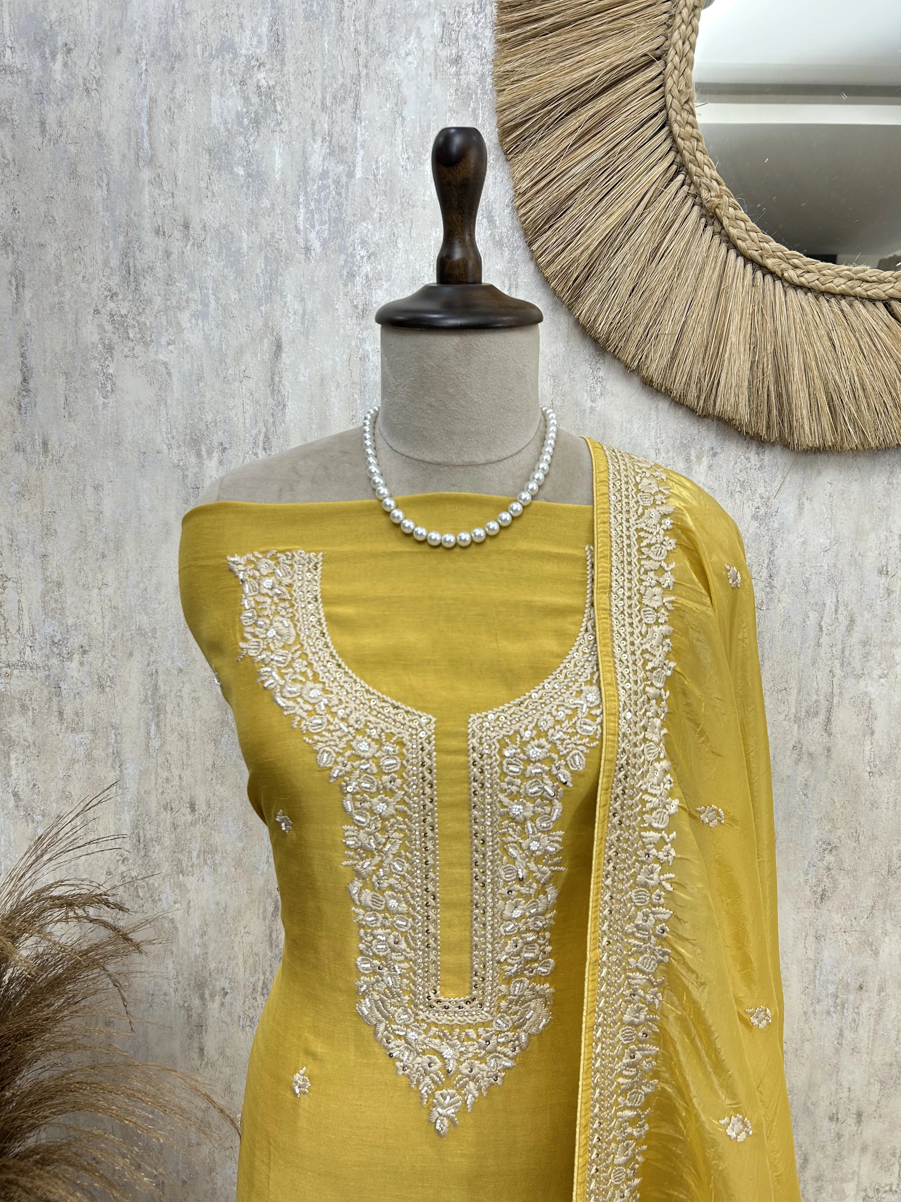 Linen unstitched suit with Intricate Hand Embroidery
