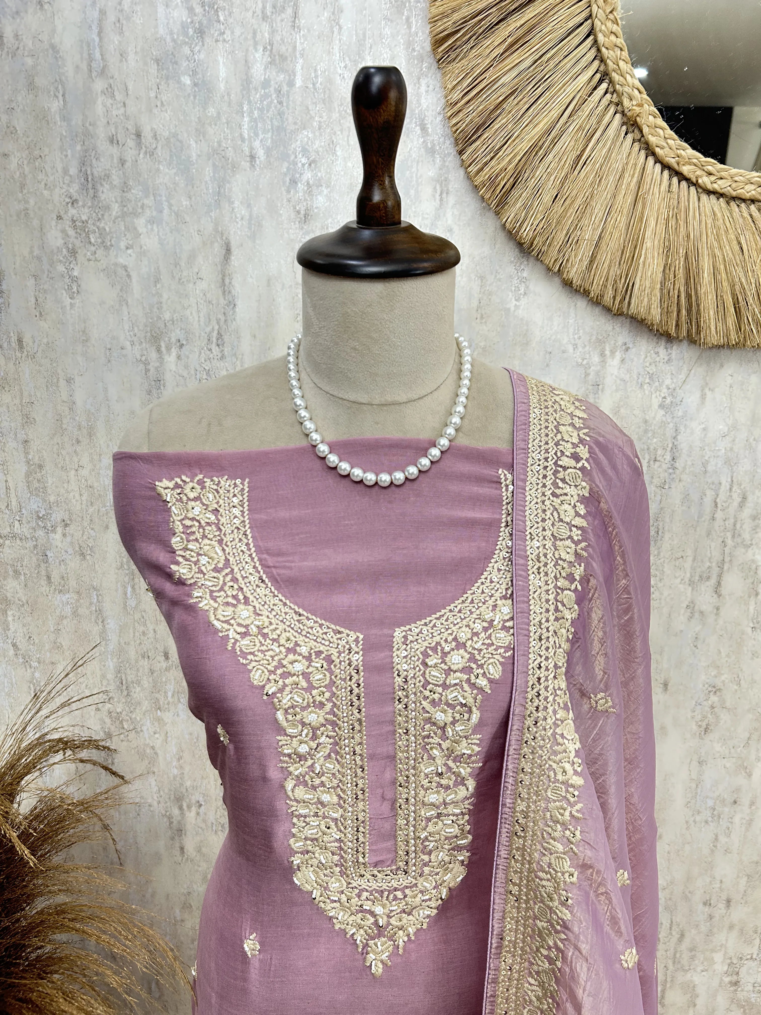Linen unstitched suit with Intricate Hand Embroidery