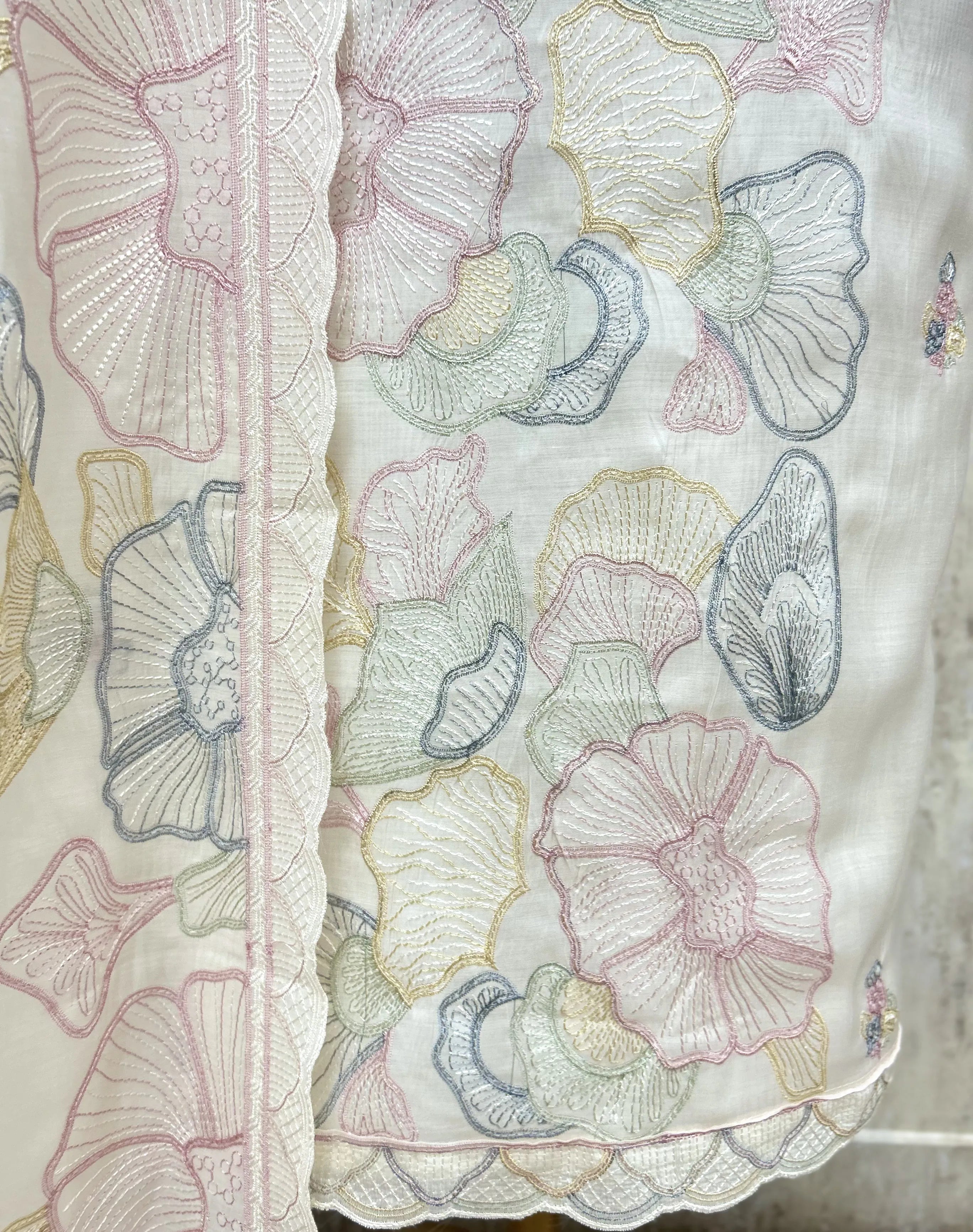 Scallop Edge Floral Mul Chanderi Unstitched Suits