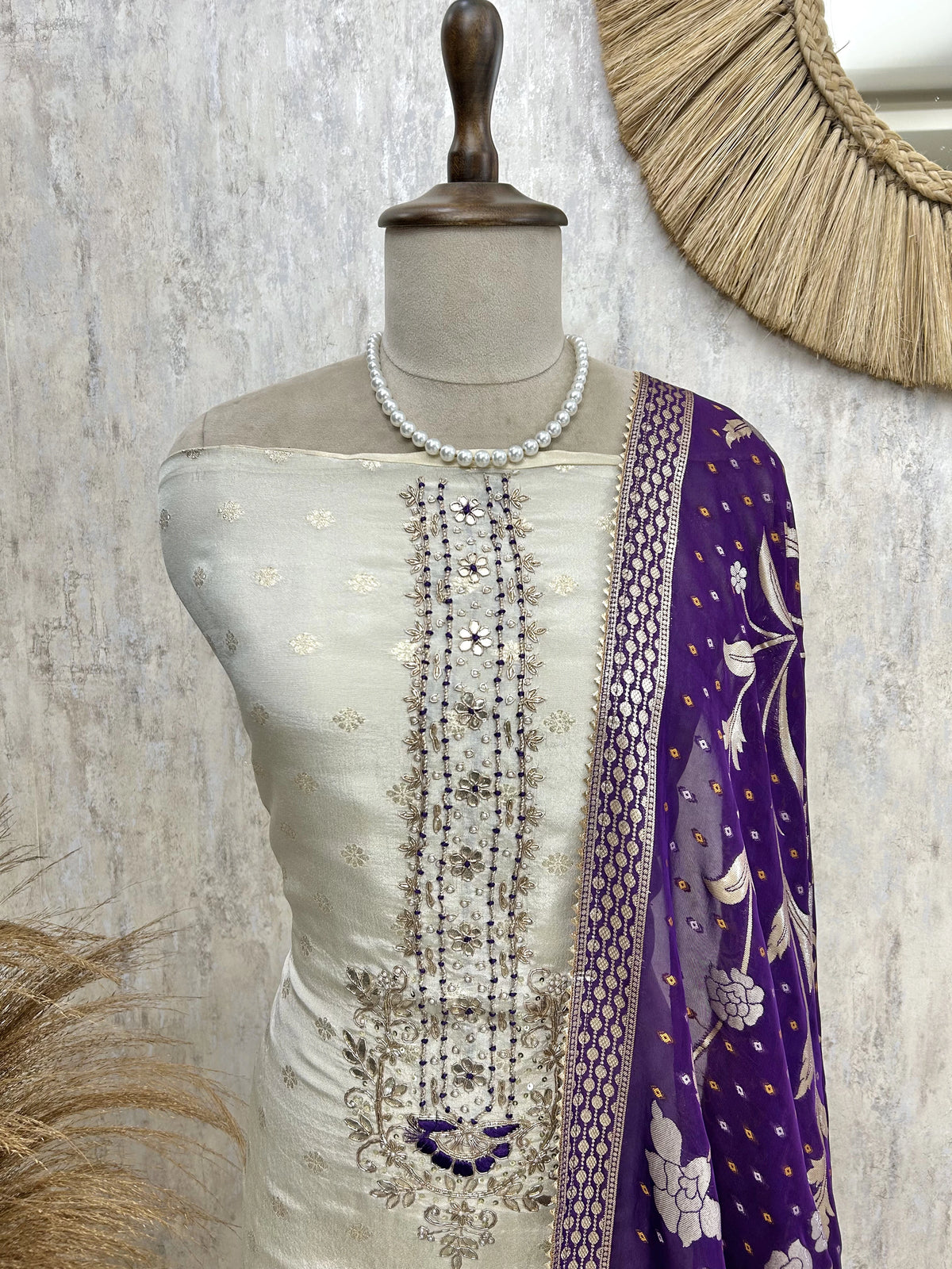Tissue Silk Unstitched Suit Set With Hand Work