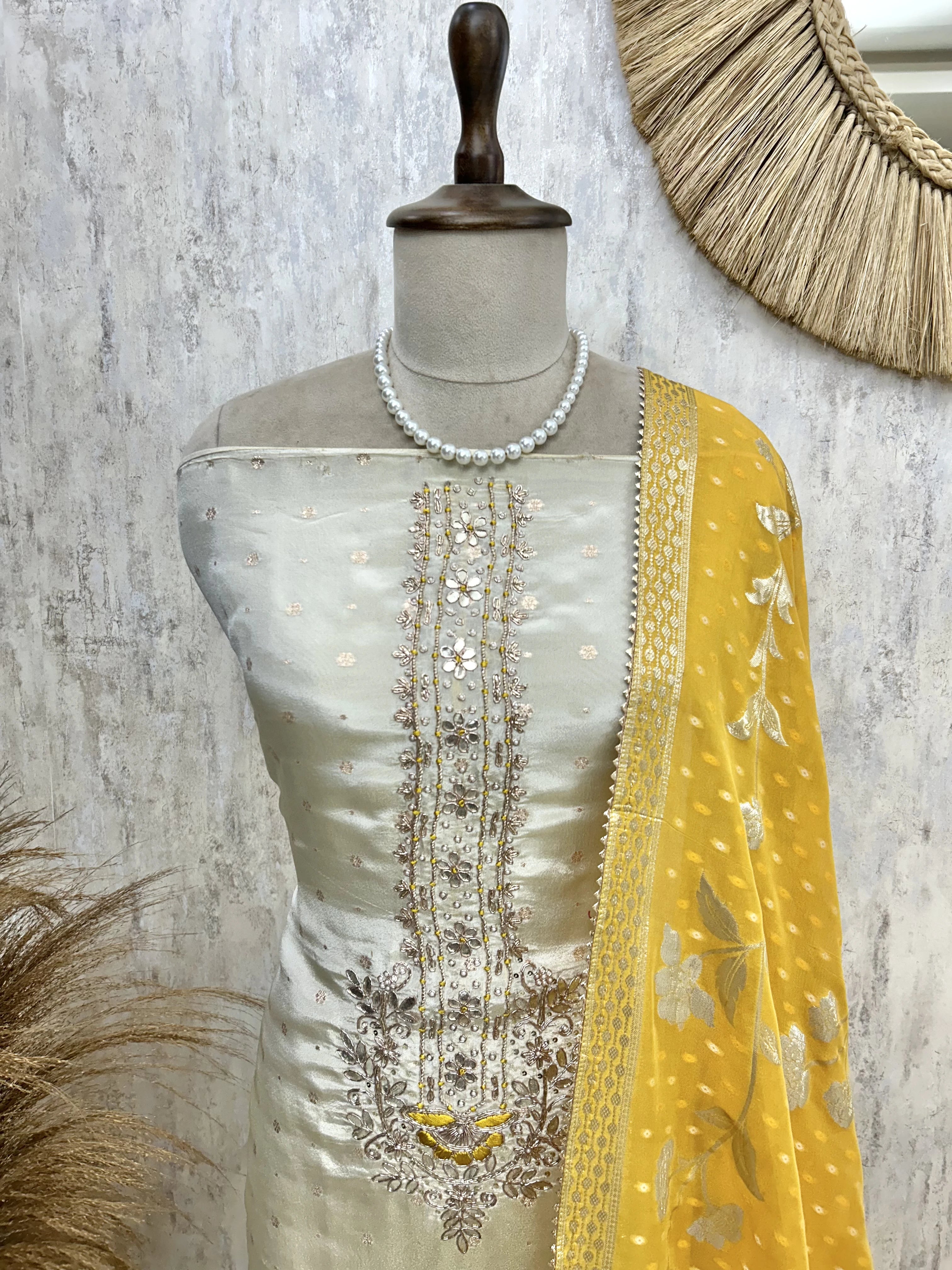 Tissue Silk Unstitched Suit Set With Hand Work