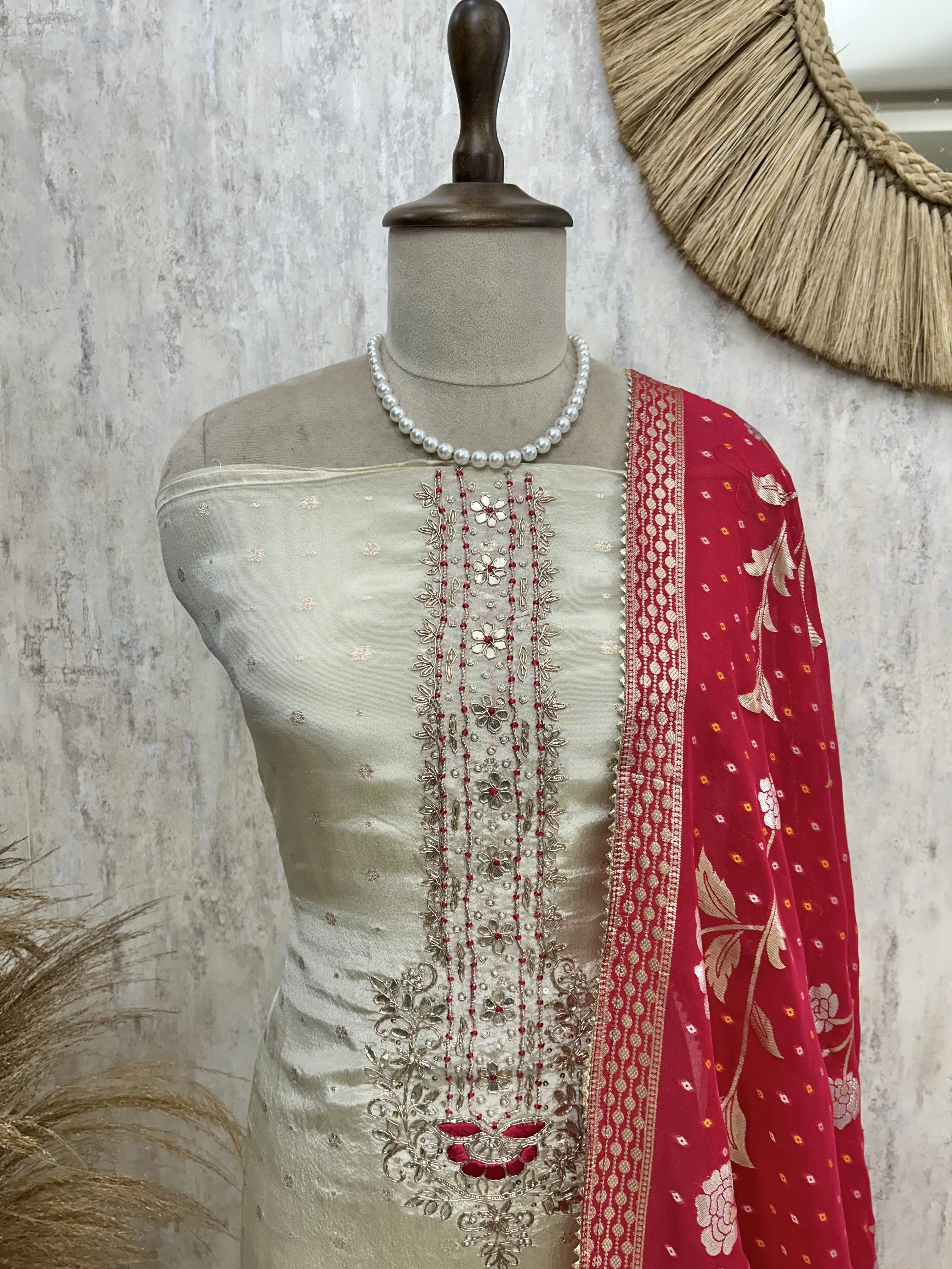 Tissue Silk Unstitched Suit Set With Hand Work
