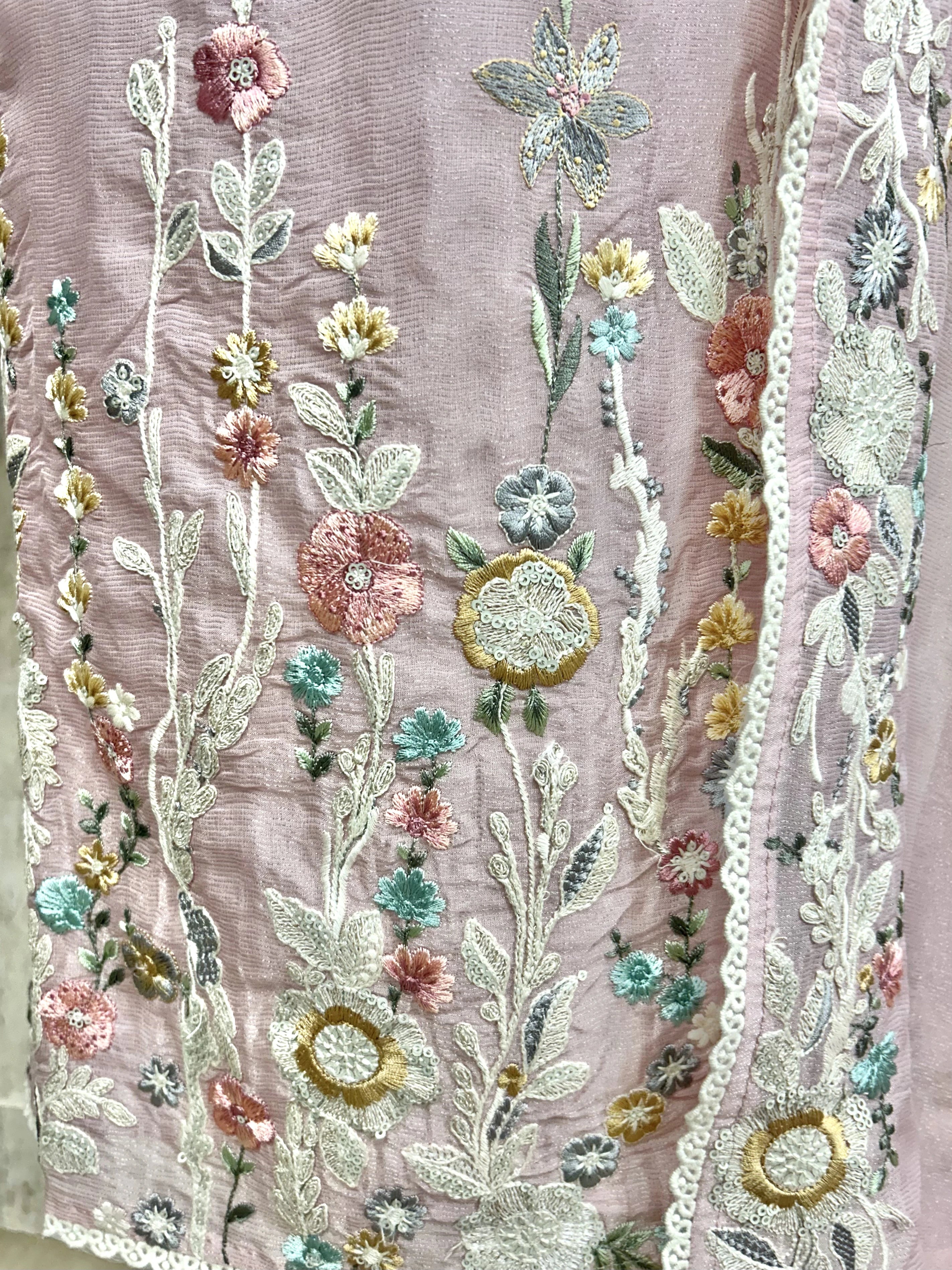 Tissue Linen Unstitched Suit Set With Thread Embroidery