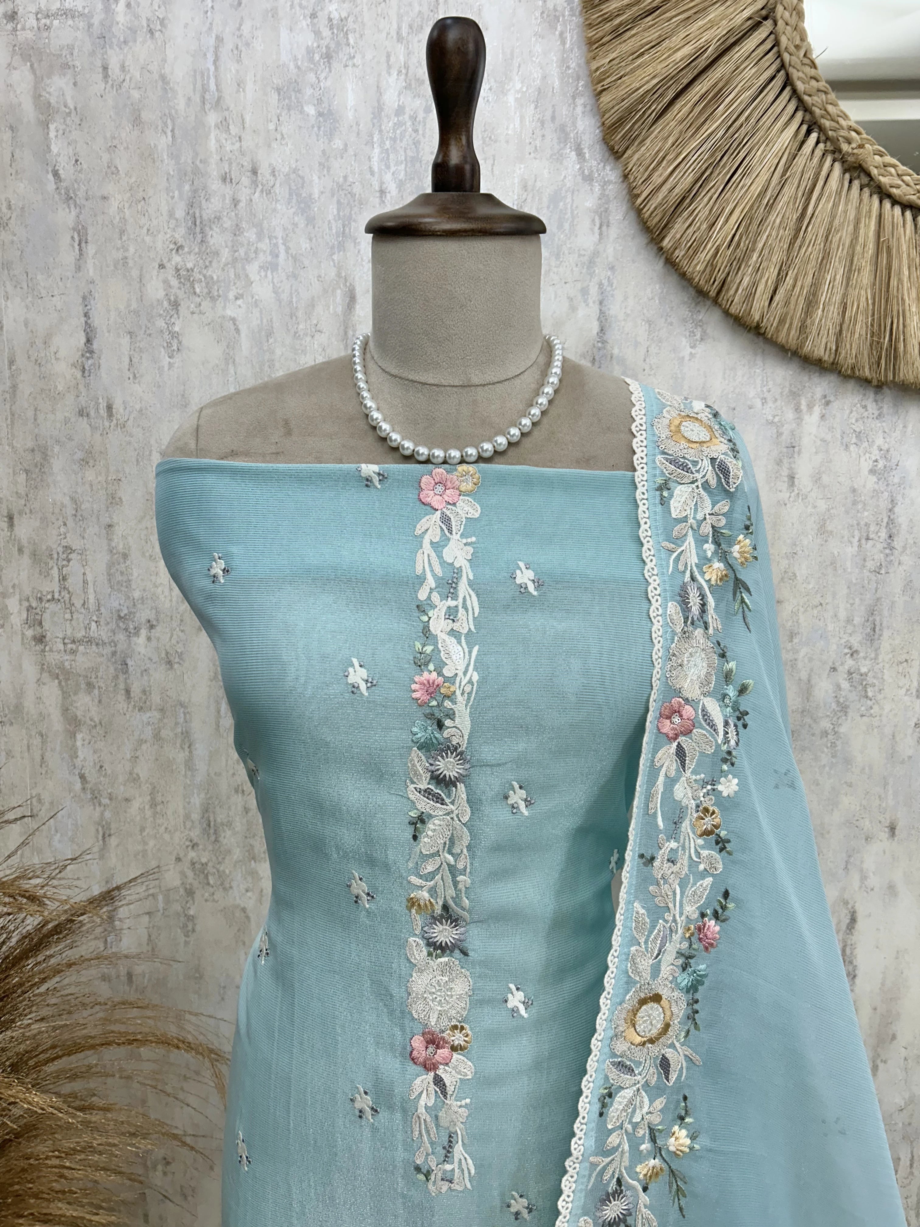 Tissue Linen Unstitched Suit Set With Thread Embroidery