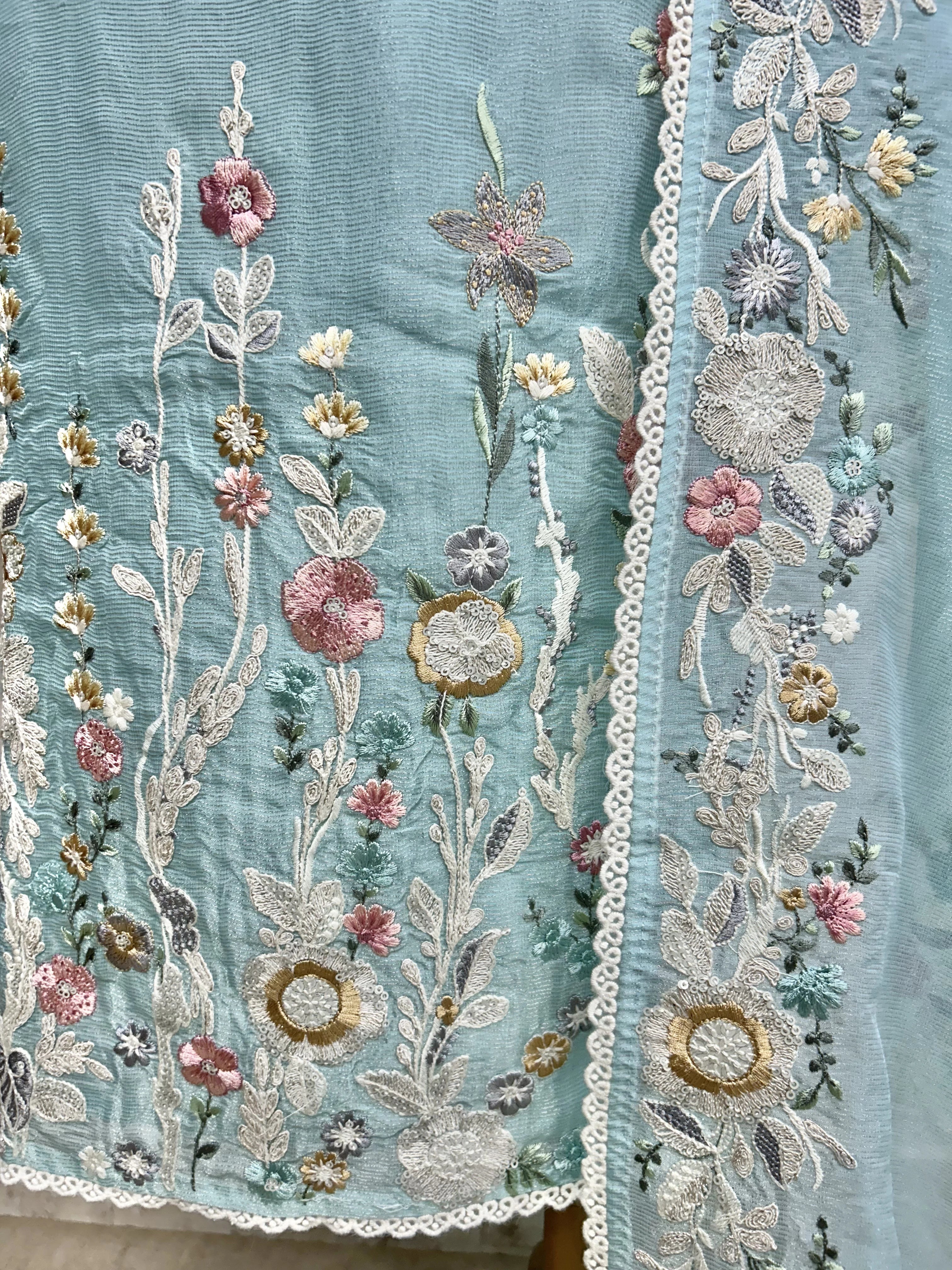 Tissue Linen Unstitched Suit Set With Thread Embroidery