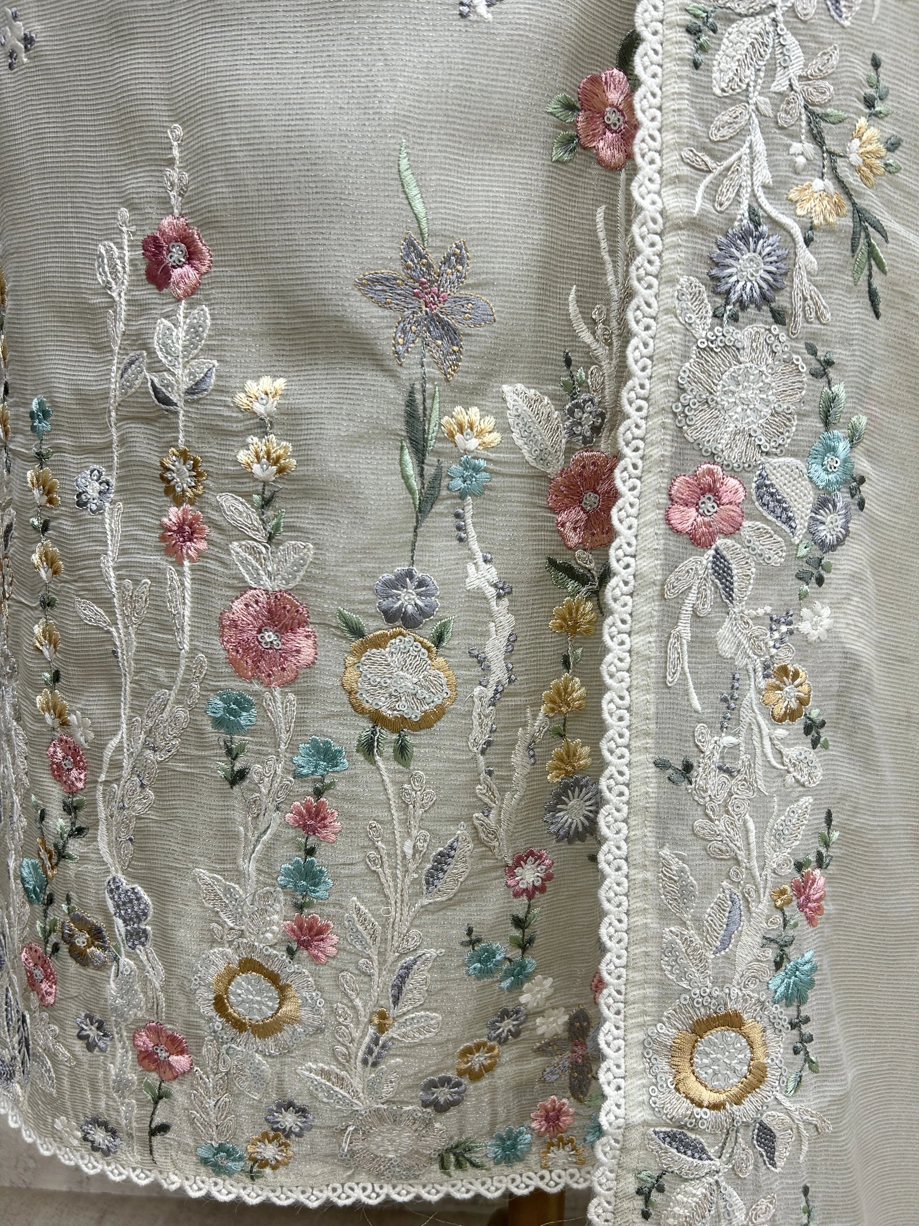 Tissue Linen Unstitched Suit Set With Thread Embroidery