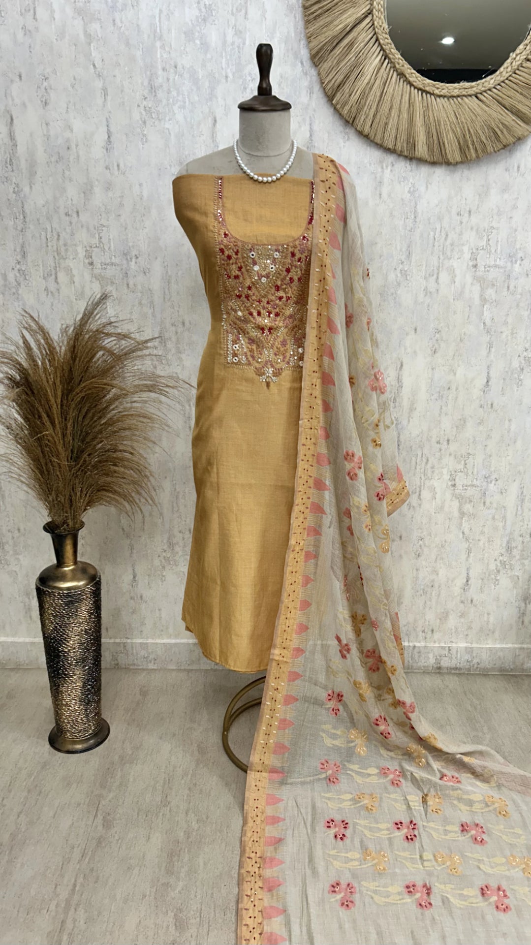 Jamdani Linen Unstitched Suit Set French Knot Work On Neckline
