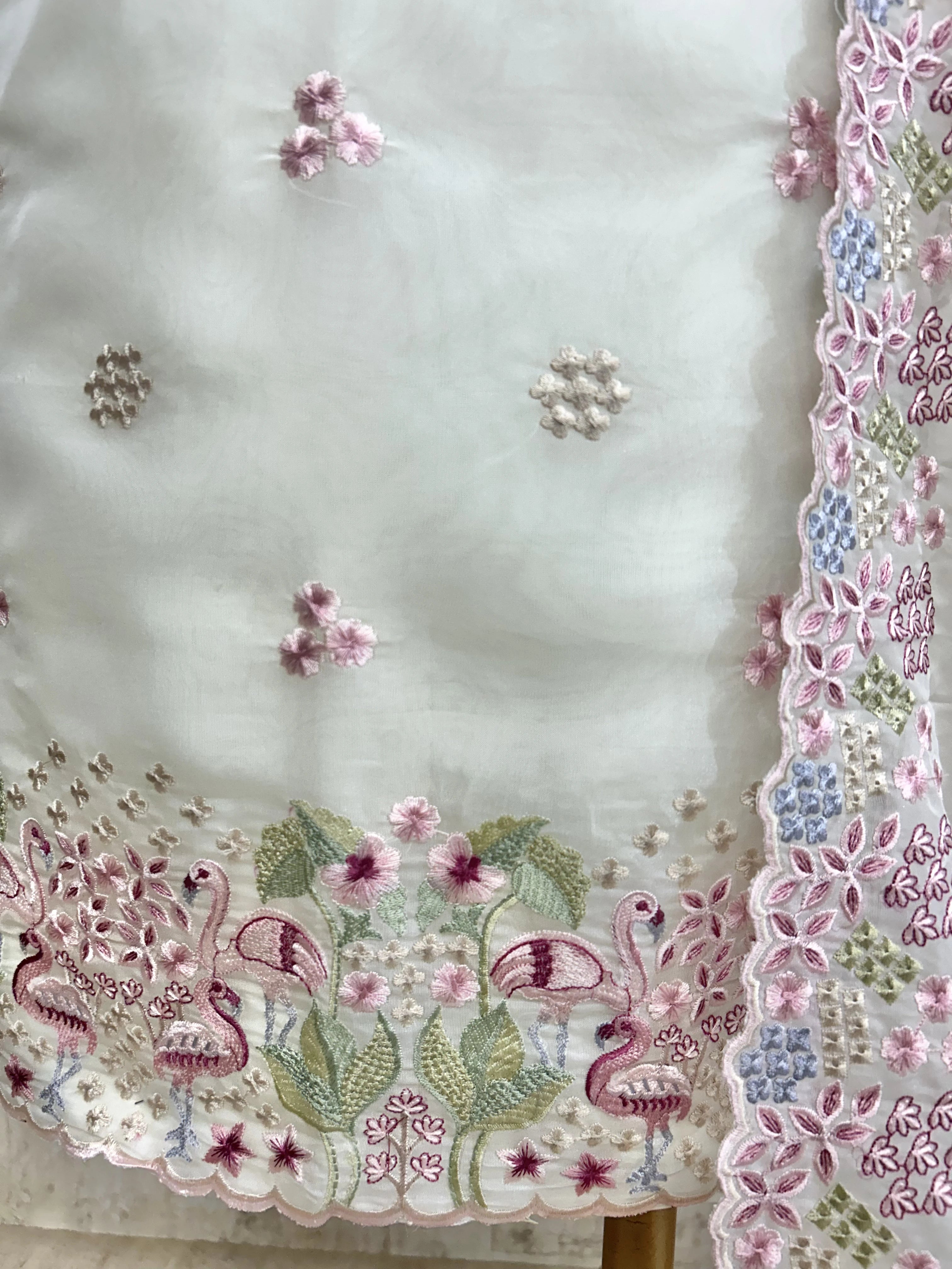 Organza Unstitched Suit Set With Thread Work Flamingo Motif