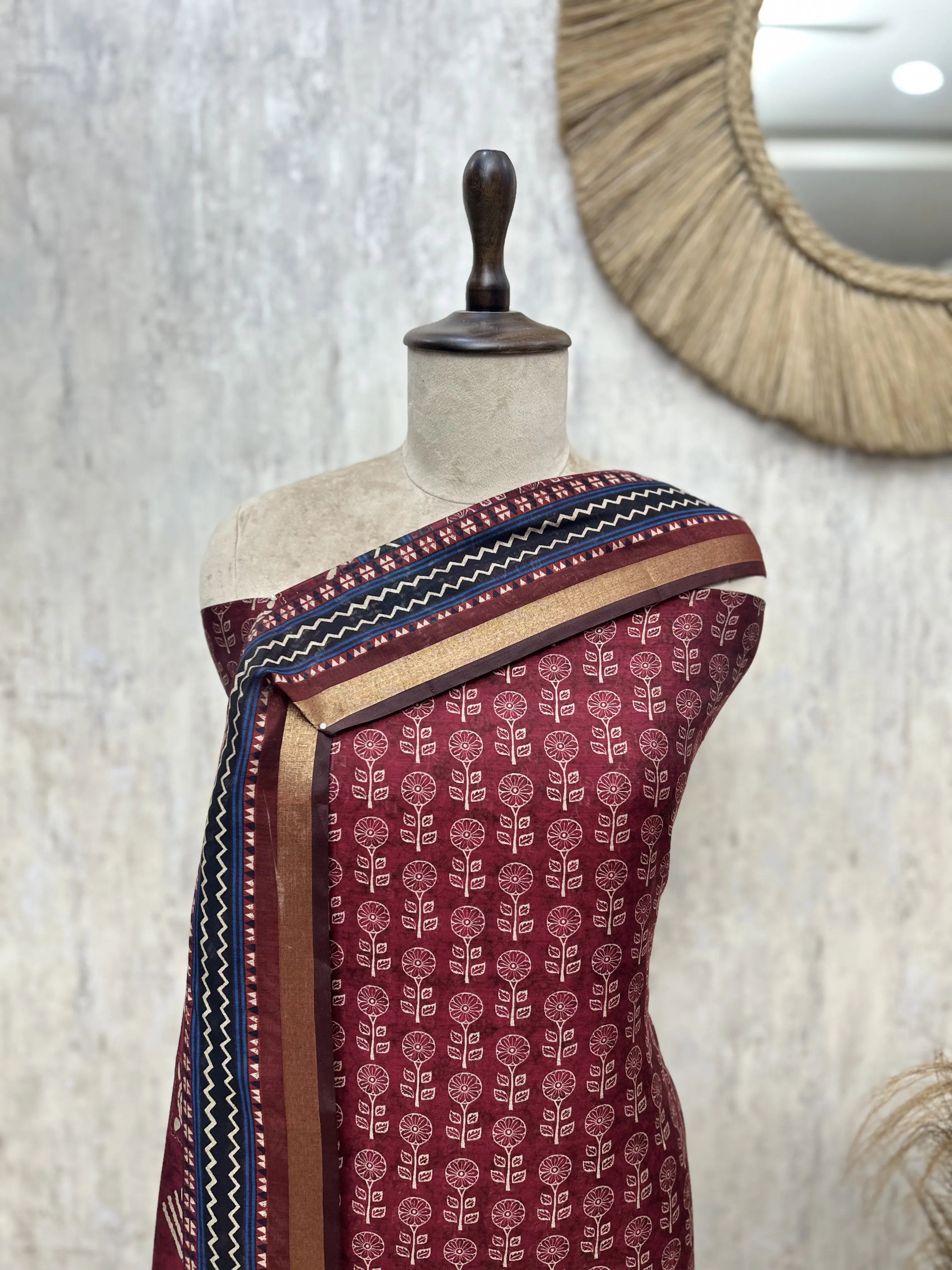 Woven Stripe Bagru Maheshwari Unstitched Suits
