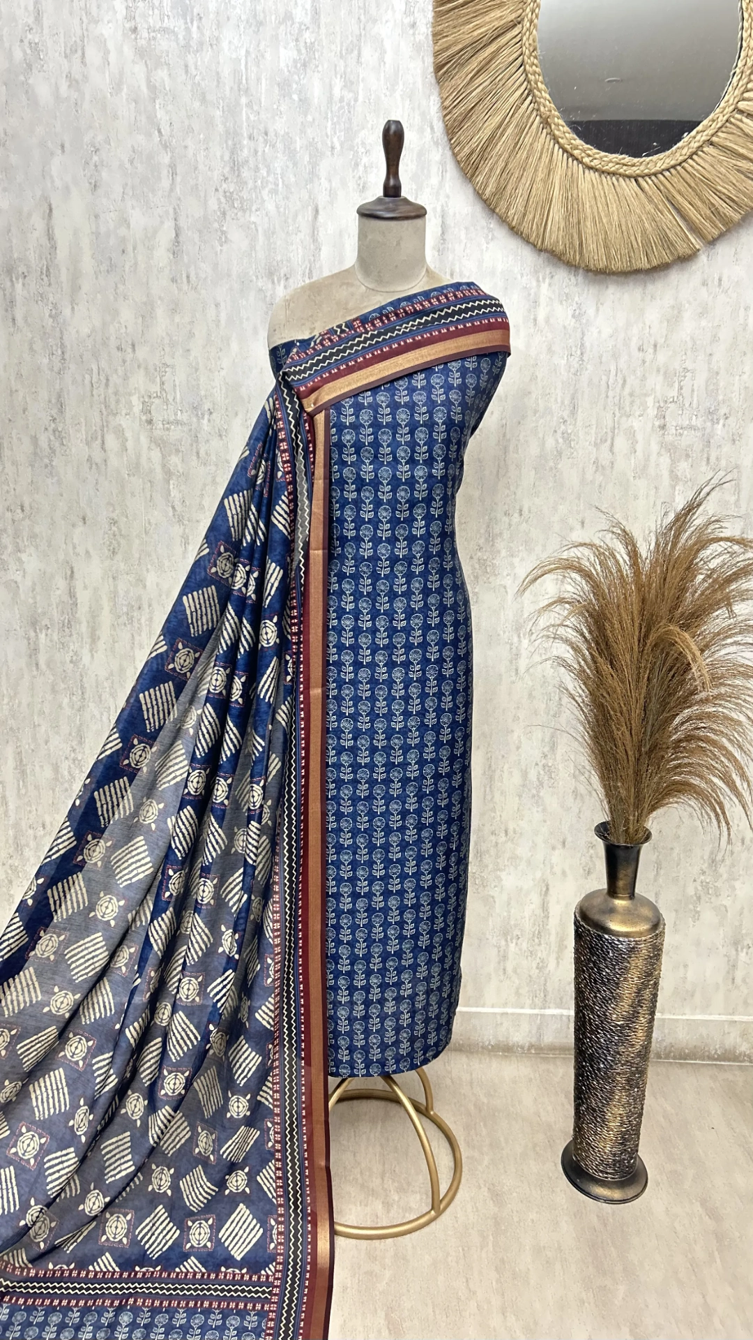 Woven Stripe Bagru Maheshwari Unstitched Suits