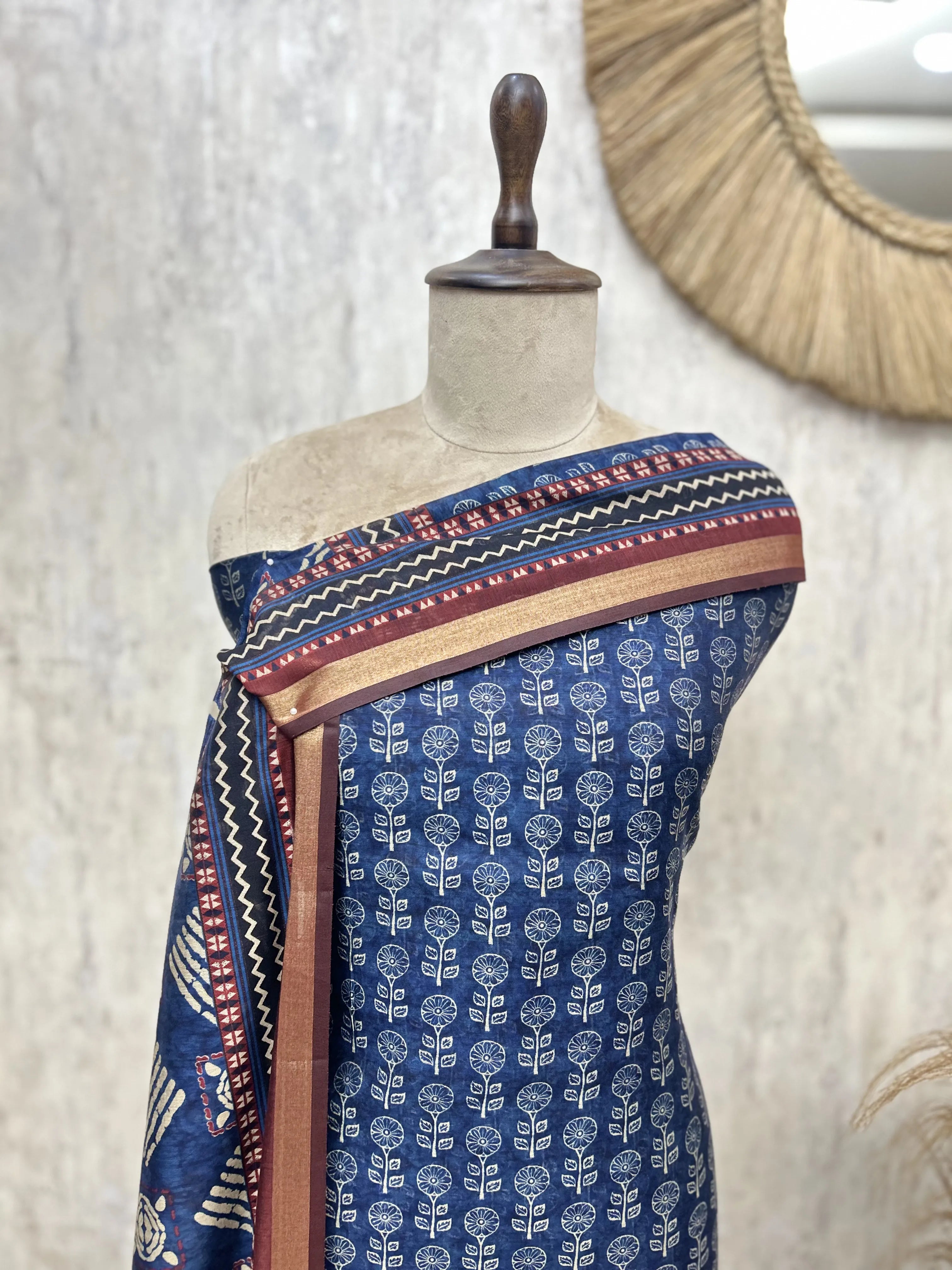Woven Stripe Bagru Maheshwari Unstitched Suits