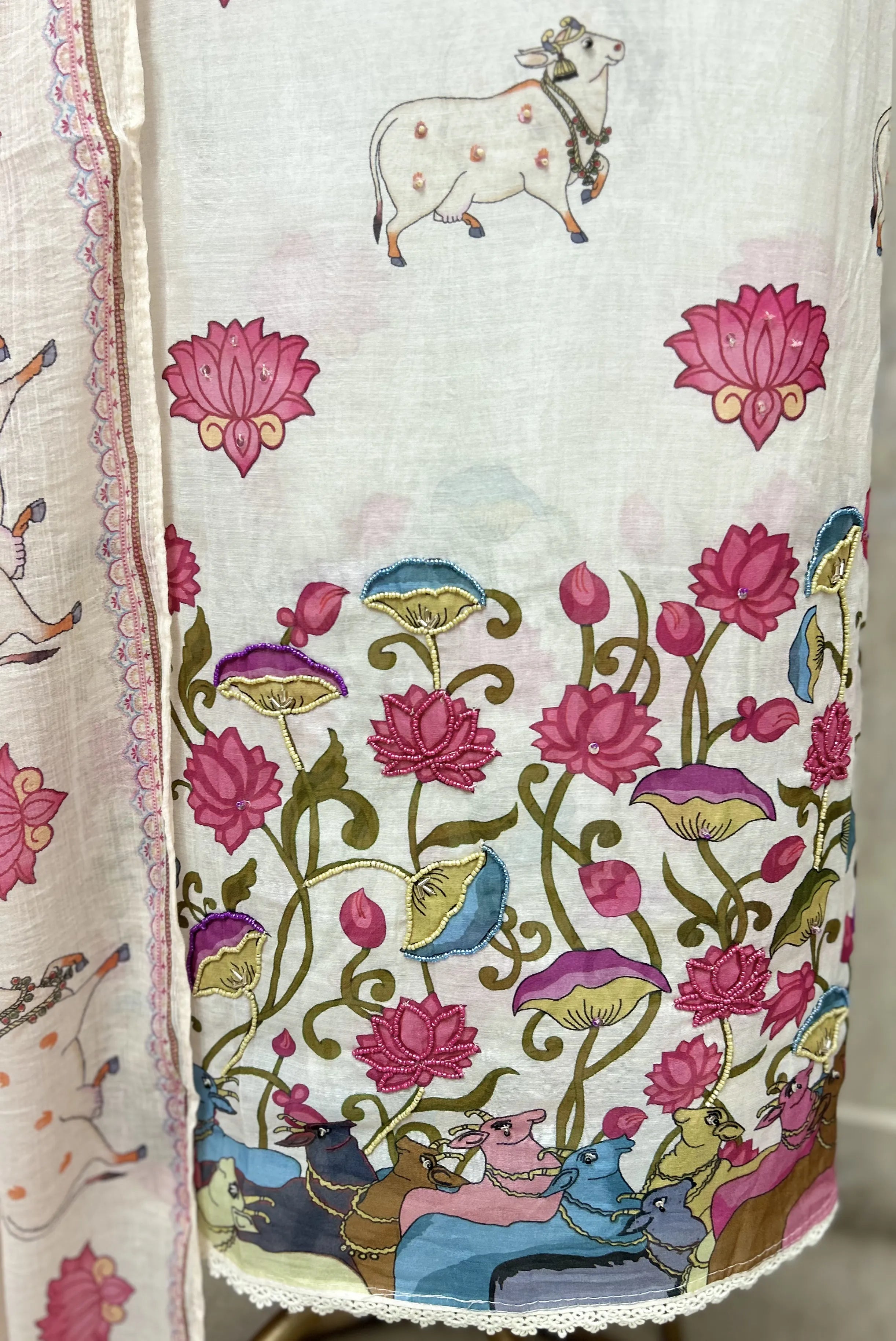 The Pichwai Lotus Mul Chanderi Unstitched Suit