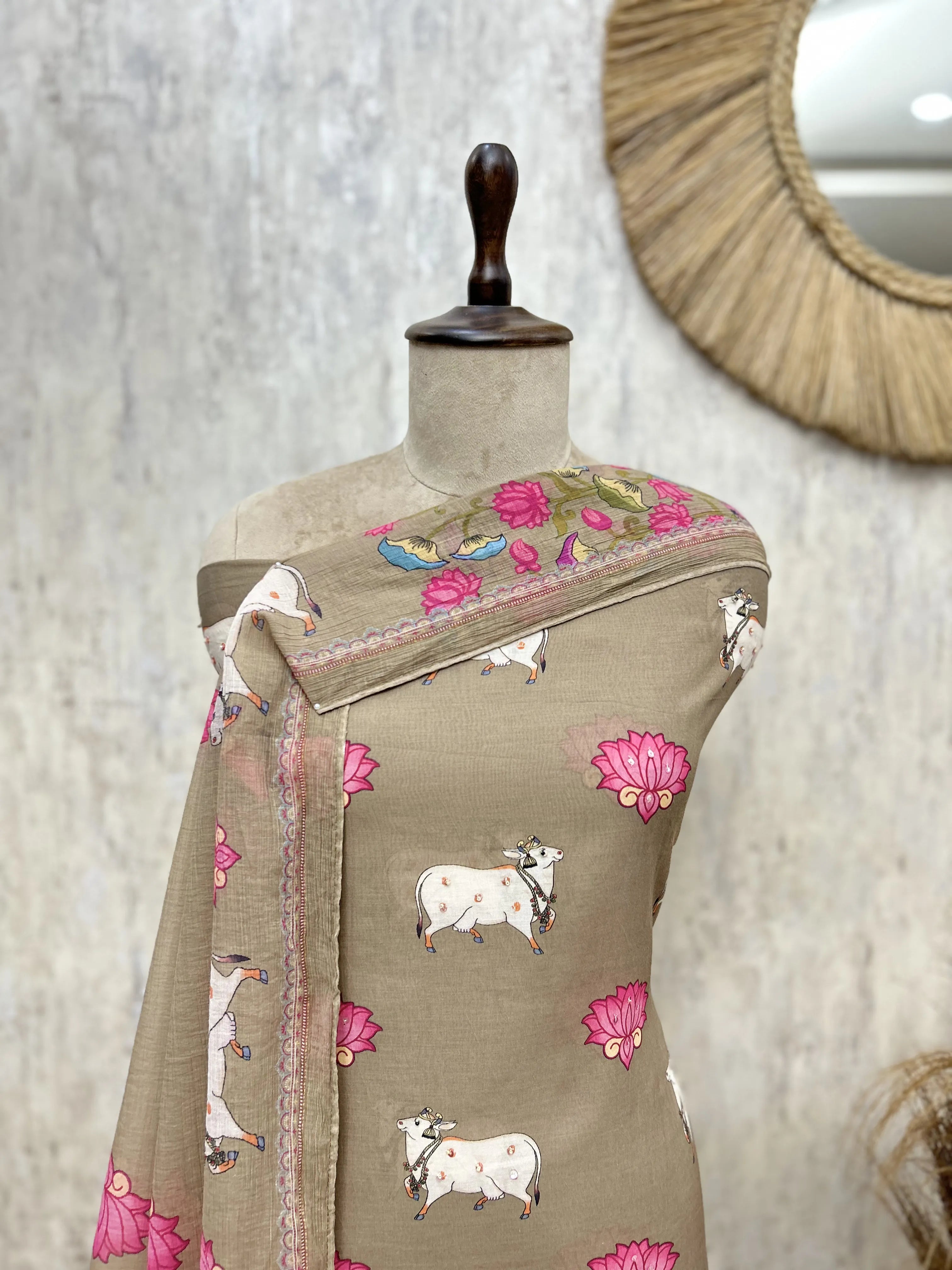 The Pichwai Lotus Mul Chanderi Unstitched Suit