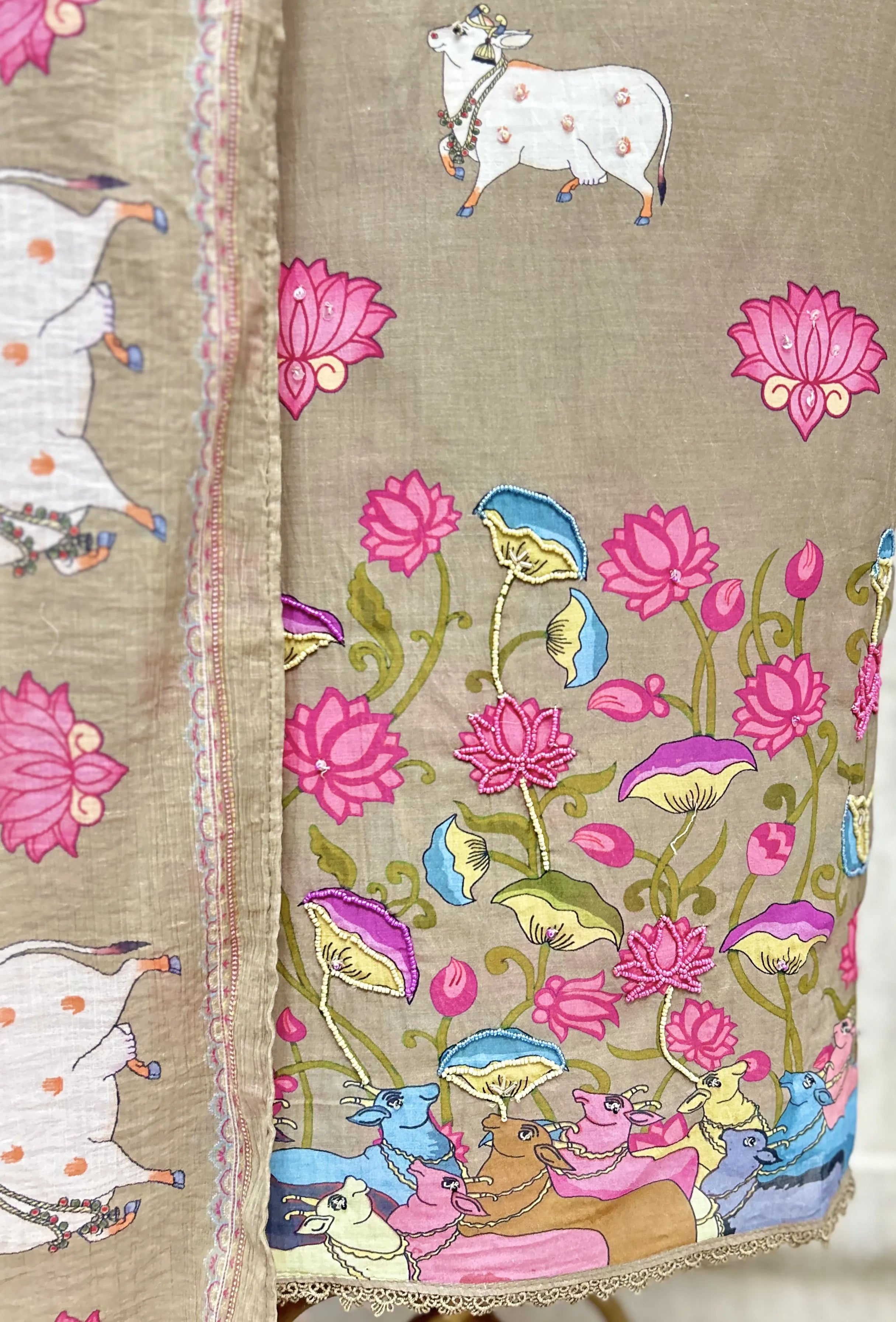 The Pichwai Lotus Mul Chanderi Unstitched Suit