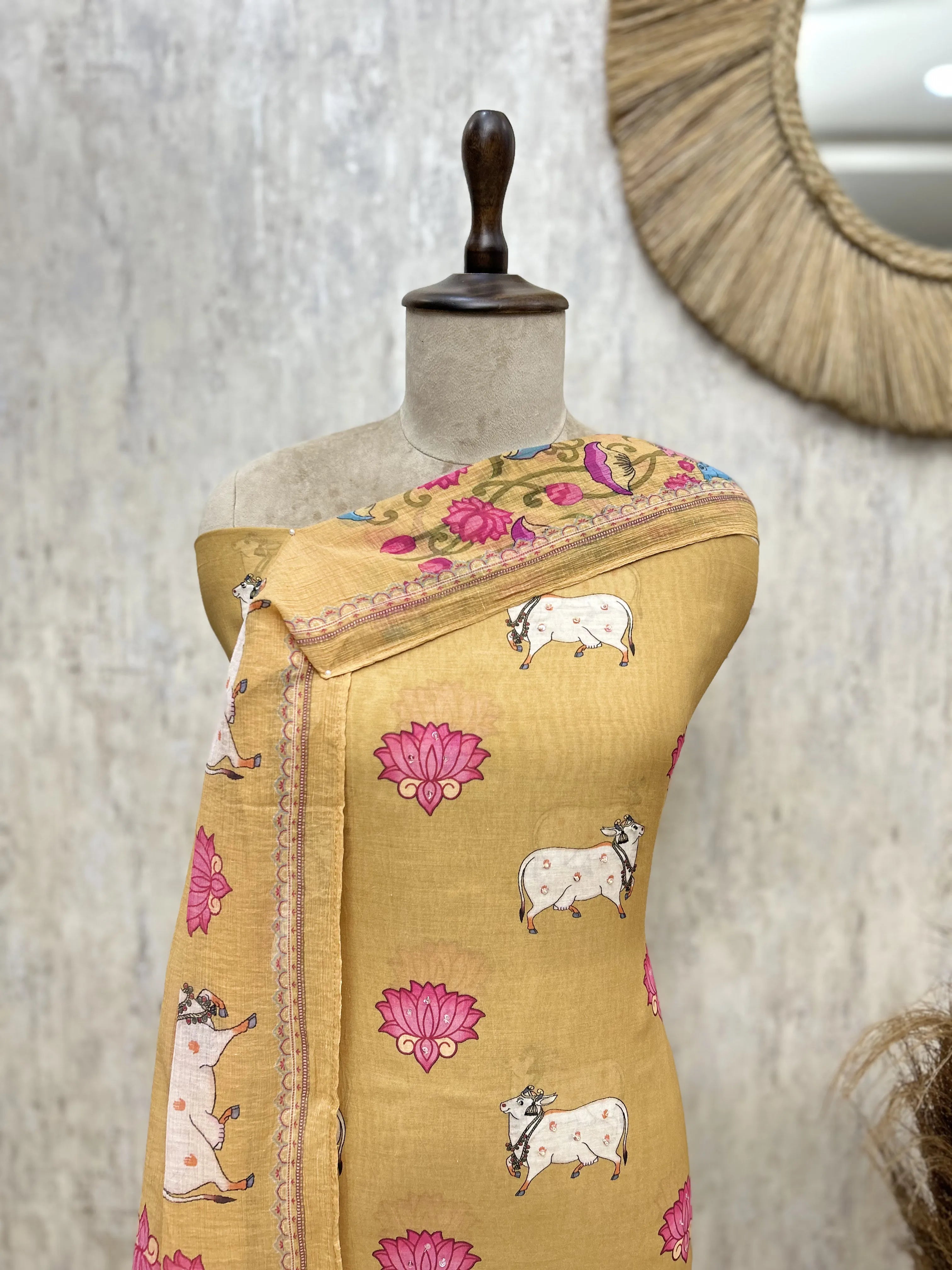 The Pichwai Lotus Mul Chanderi Unstitched Suit