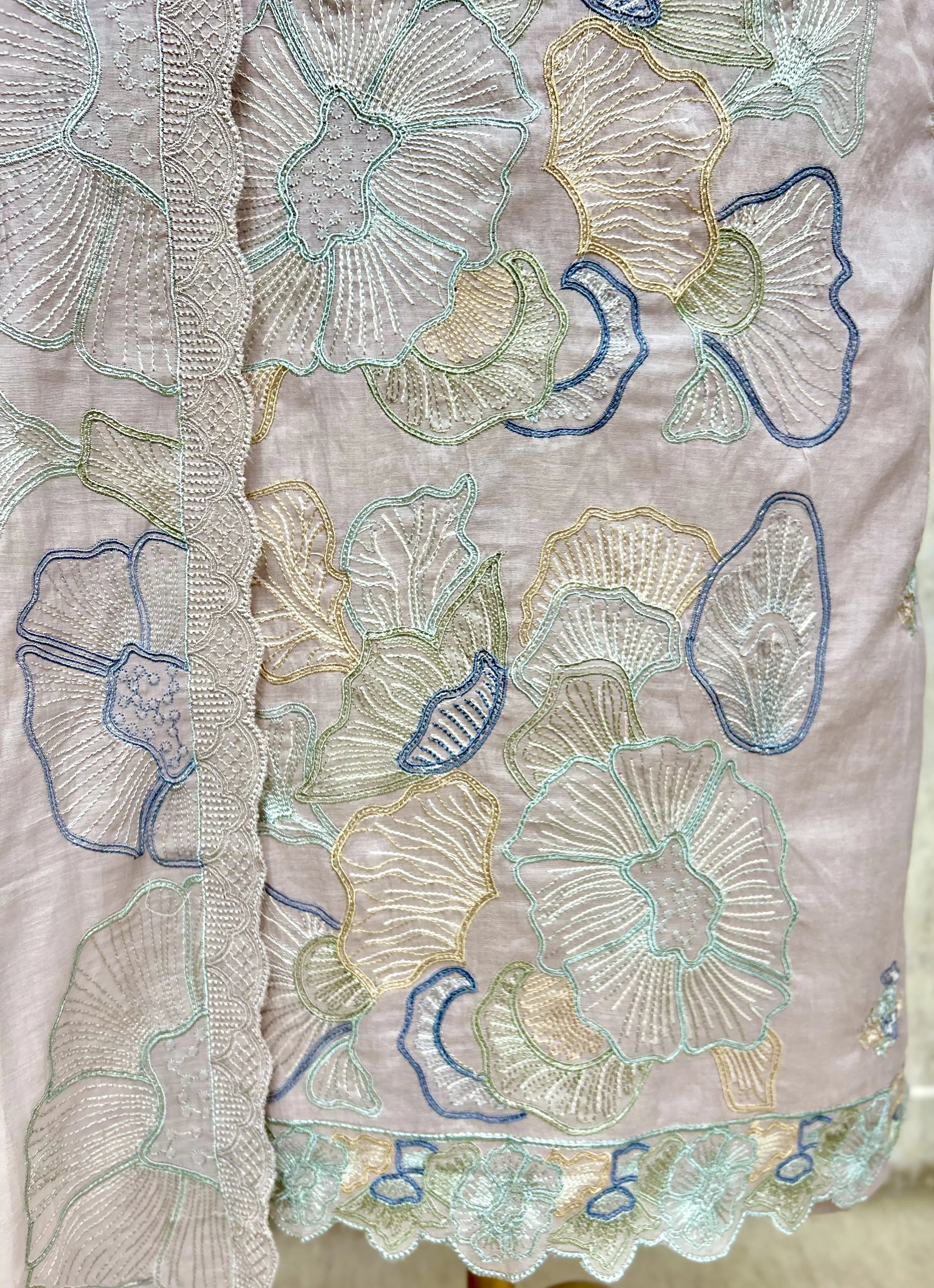 Scallop Edge Floral Mul Chanderi Unstitched Suits
