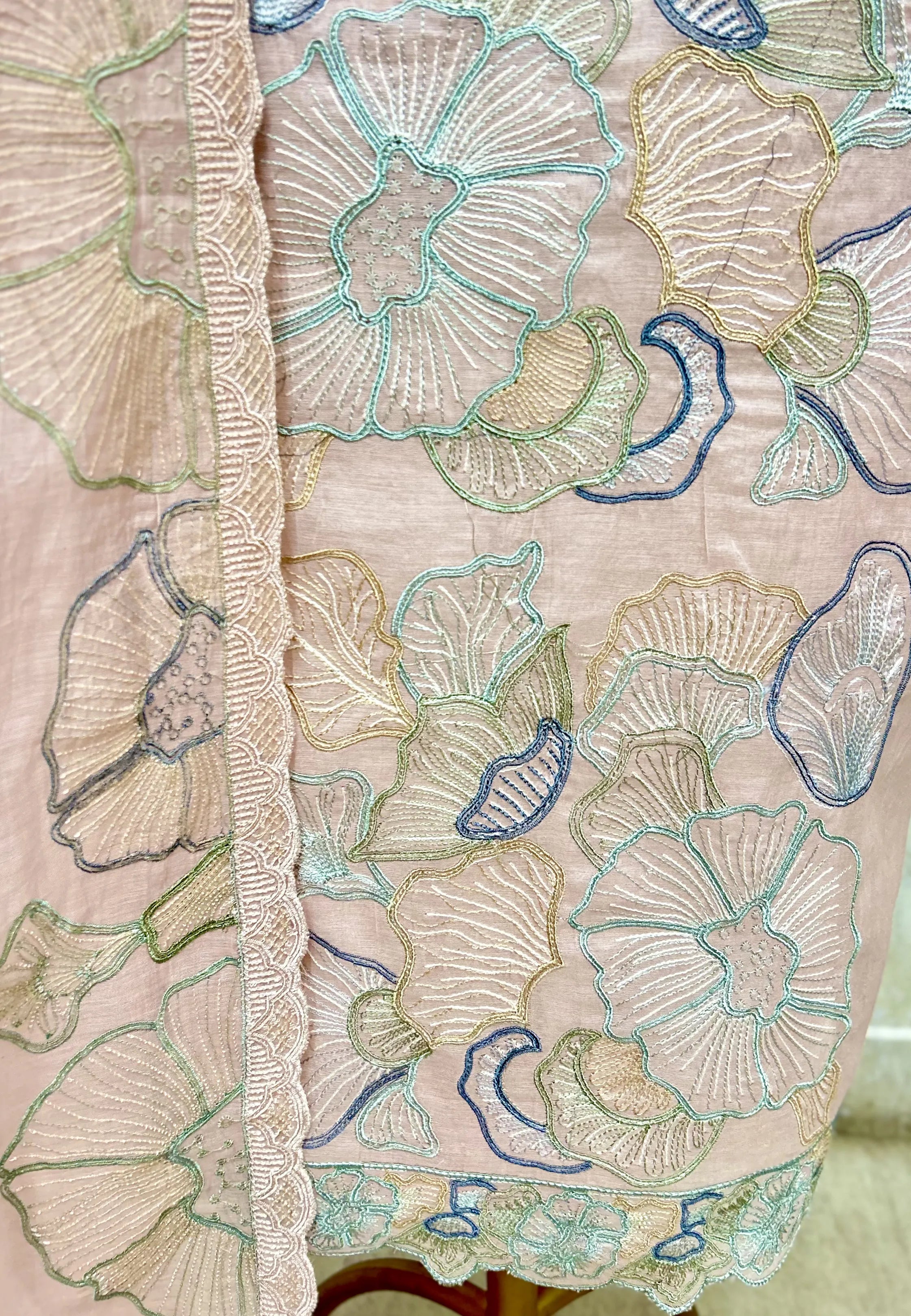 Scallop Edge Floral Mul Chanderi Unstitched Suits