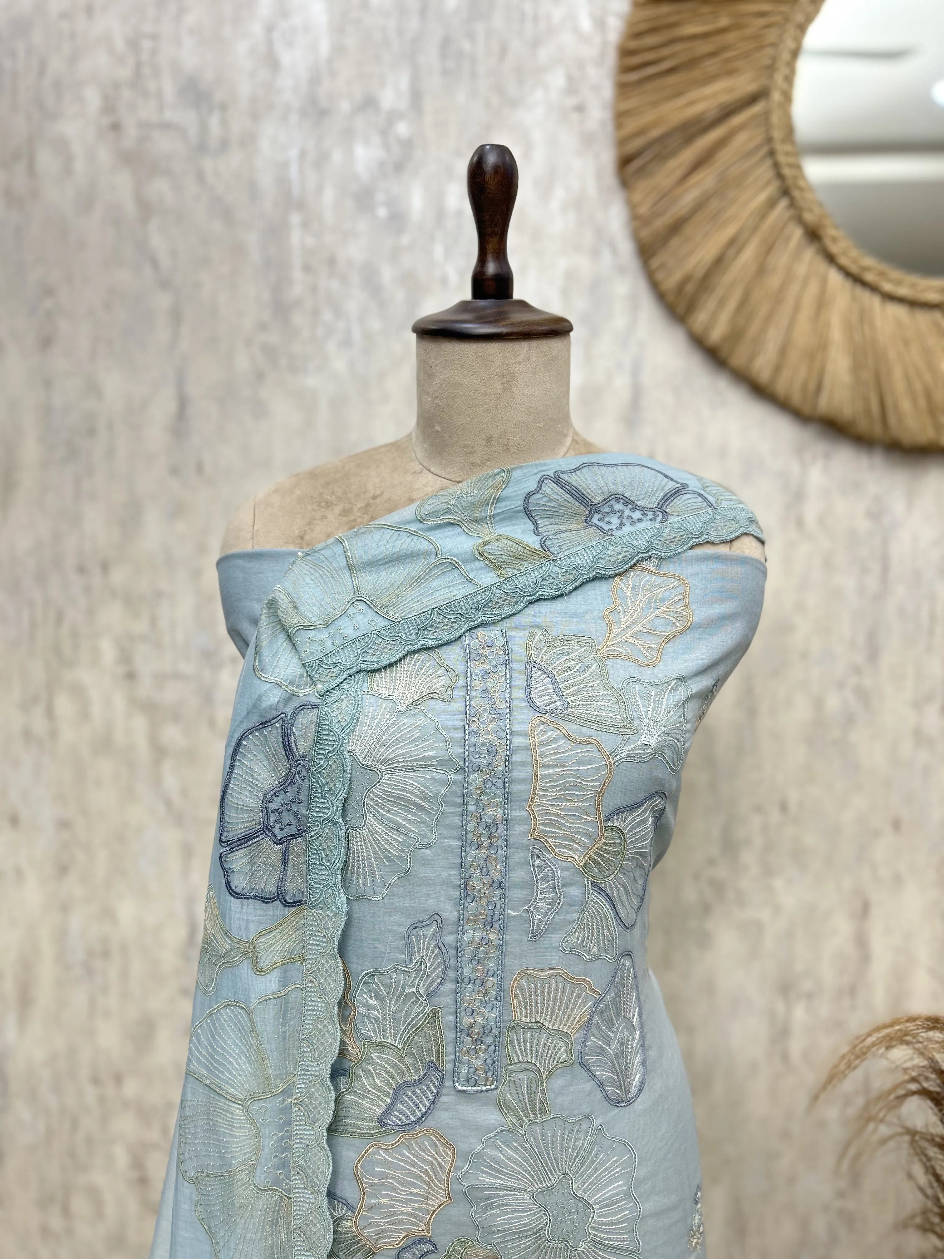 Scallop Edge Floral Mul Chanderi Unstitched Suits