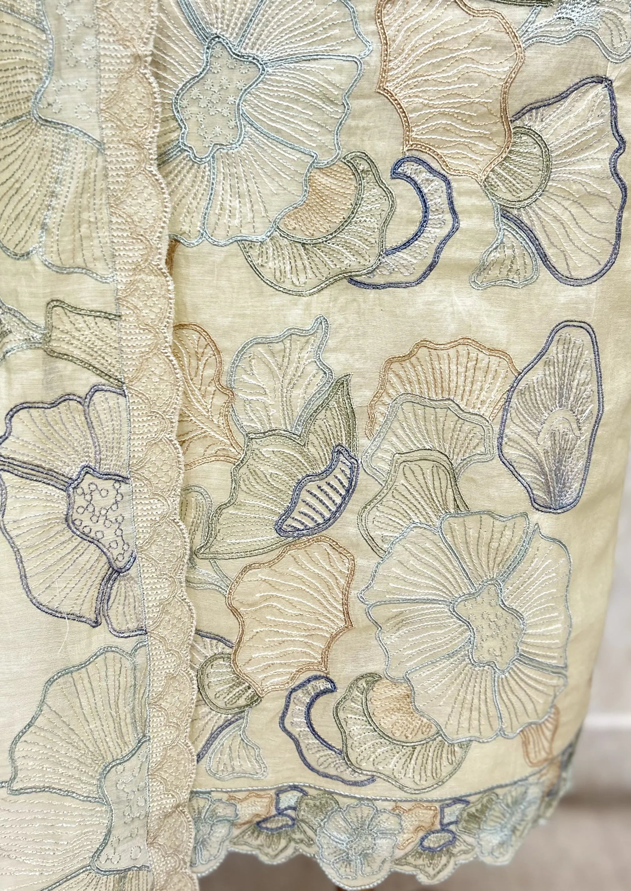 Scallop Edge Floral Mul Chanderi Unstitched Suits