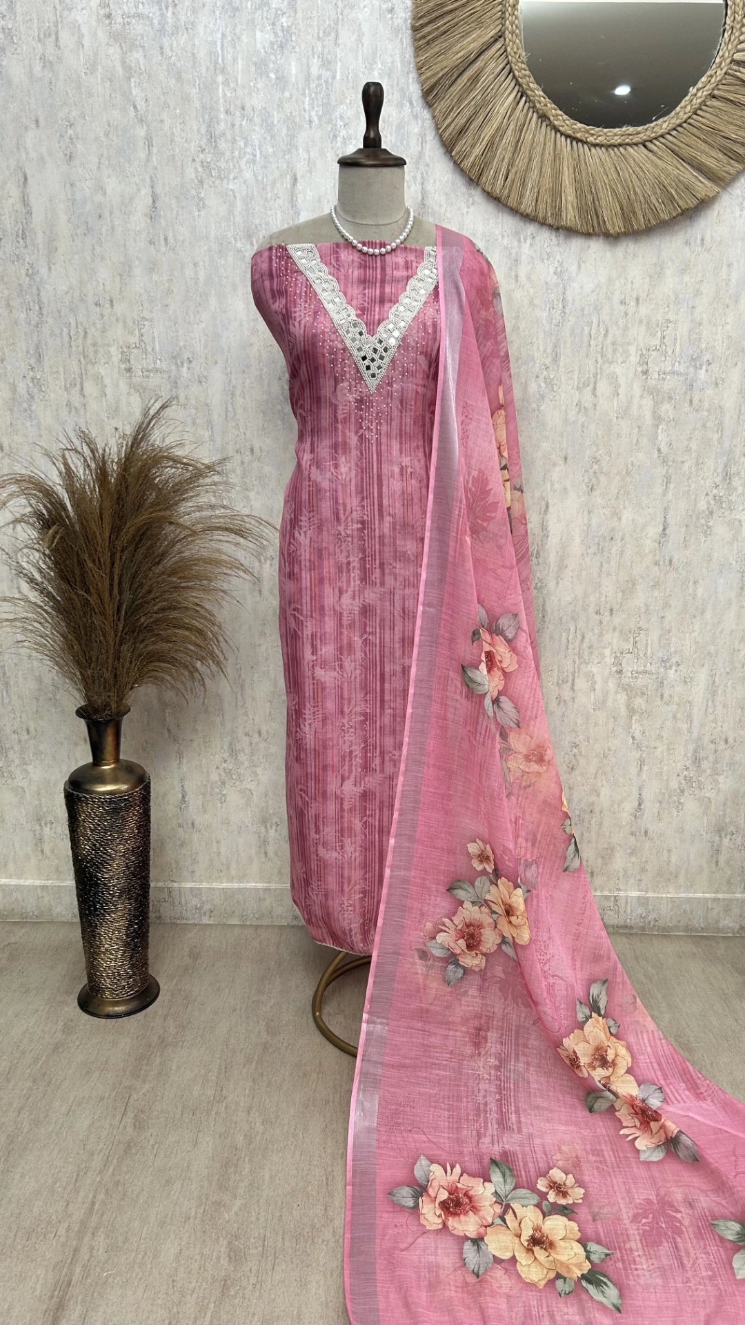 Linen Unstitched Suit Set With Mirror Work