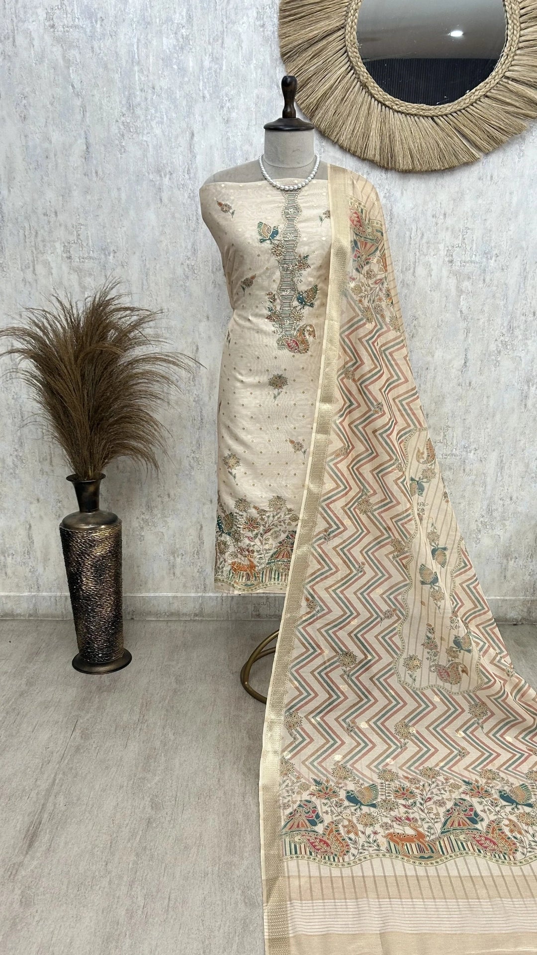 Folk Motifs Maheshwari Unstitched Suit