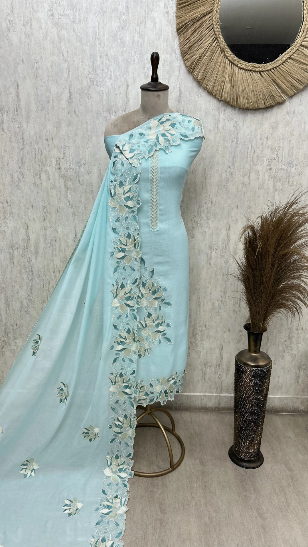 Floral Applique Mul Chanderi Unstitched Suits