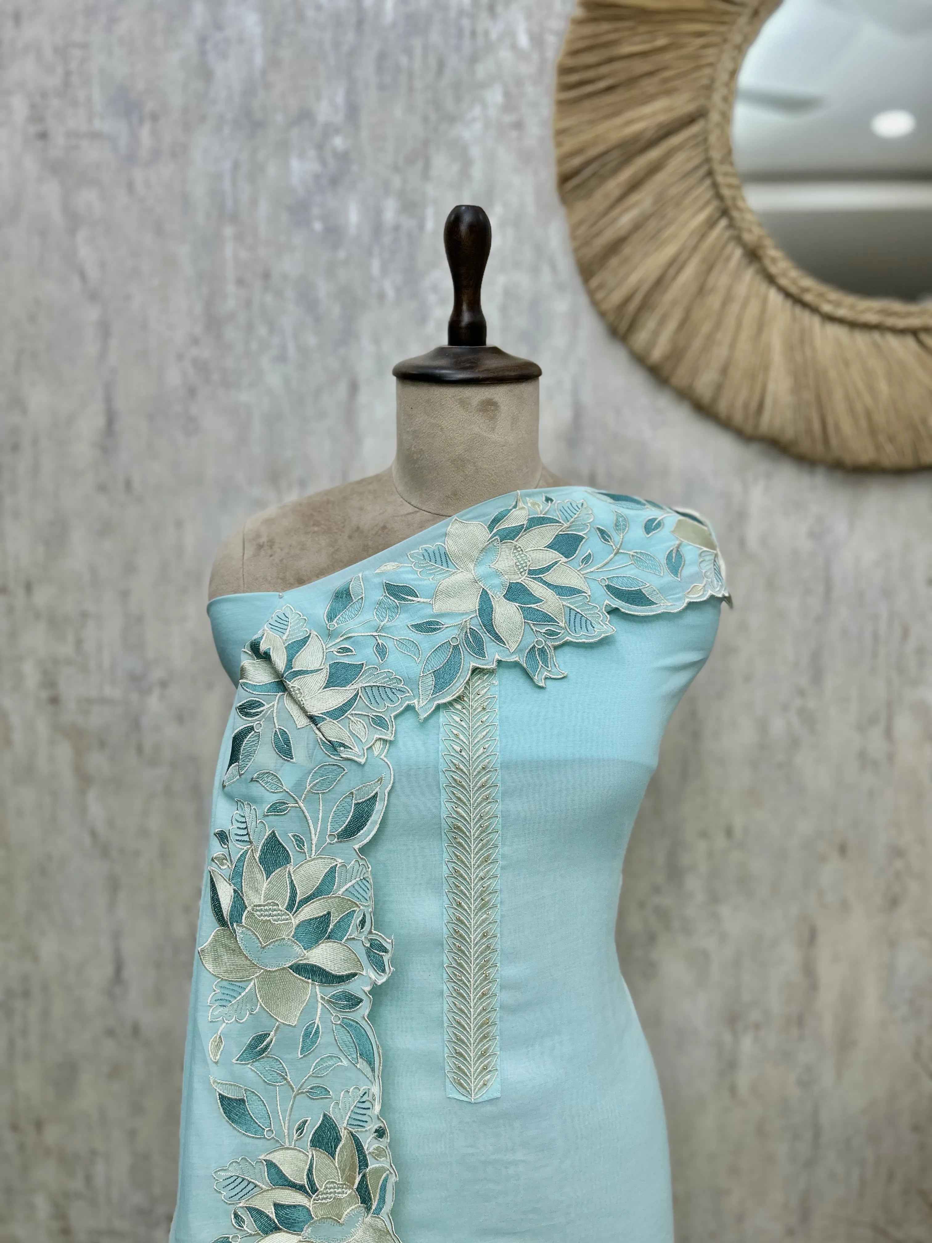 Floral Applique Mul Chanderi Unstitched Suits