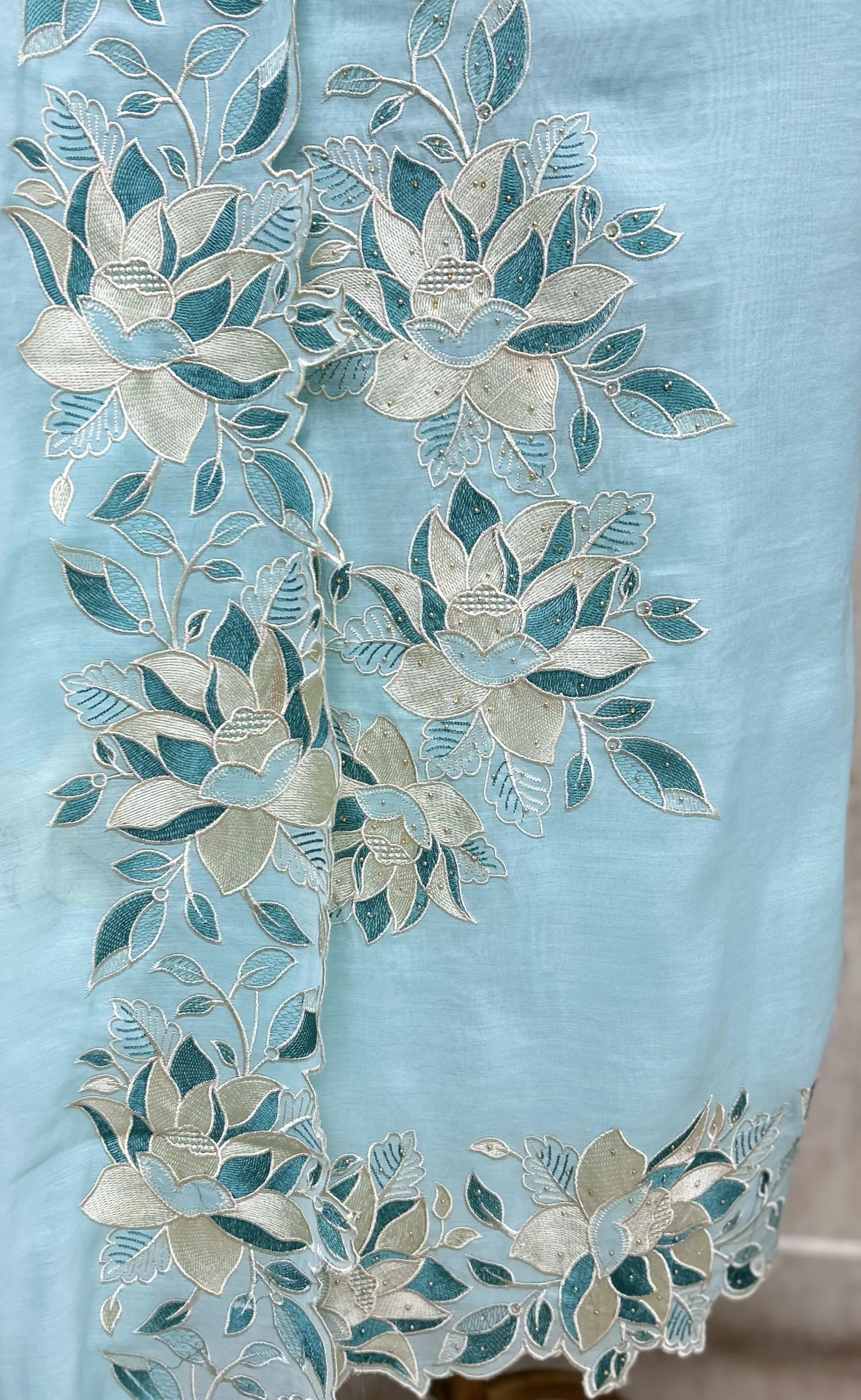 Floral Applique Mul Chanderi Unstitched Suits