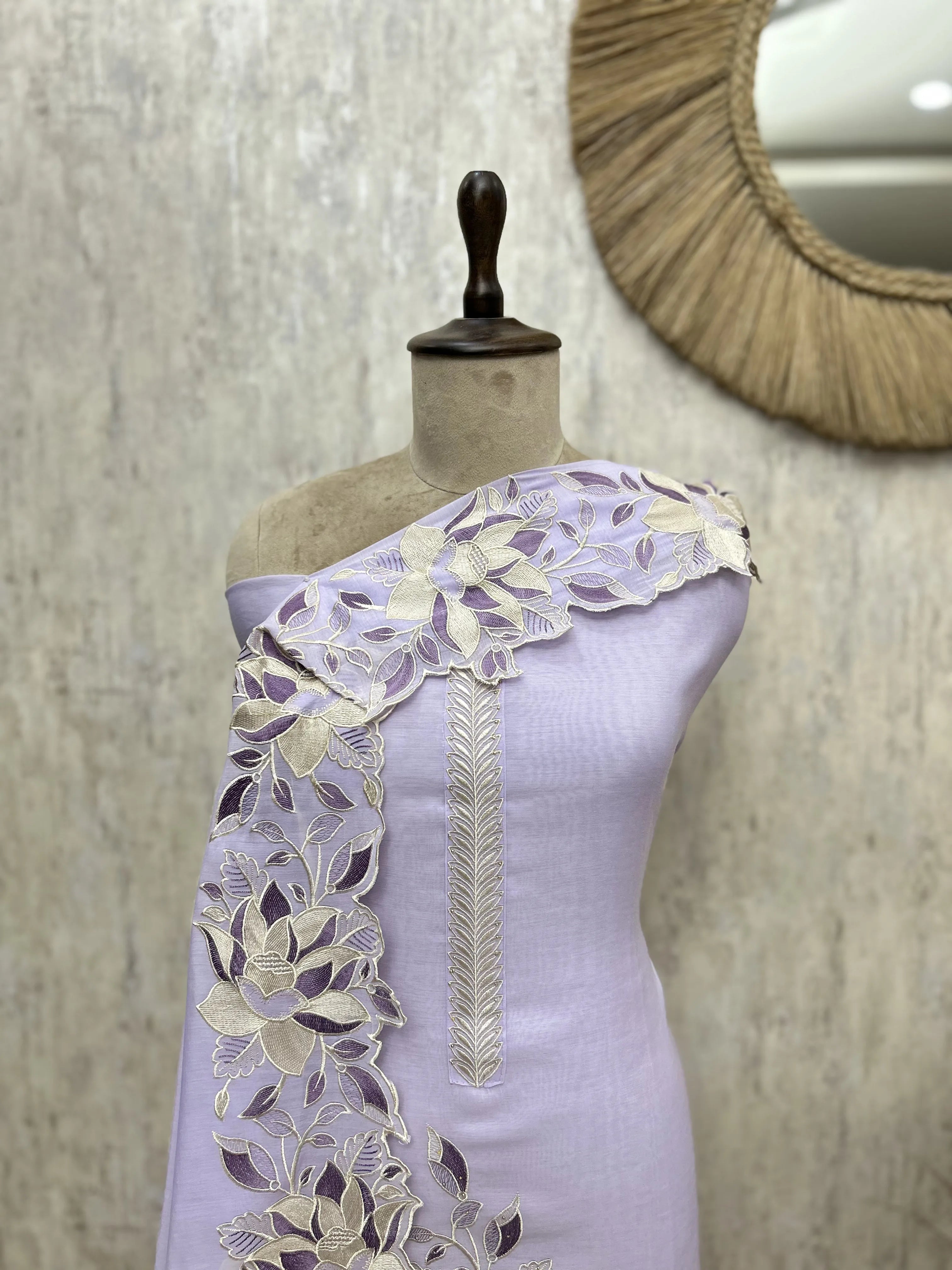 Floral Applique Mul Chanderi Unstitched Suits