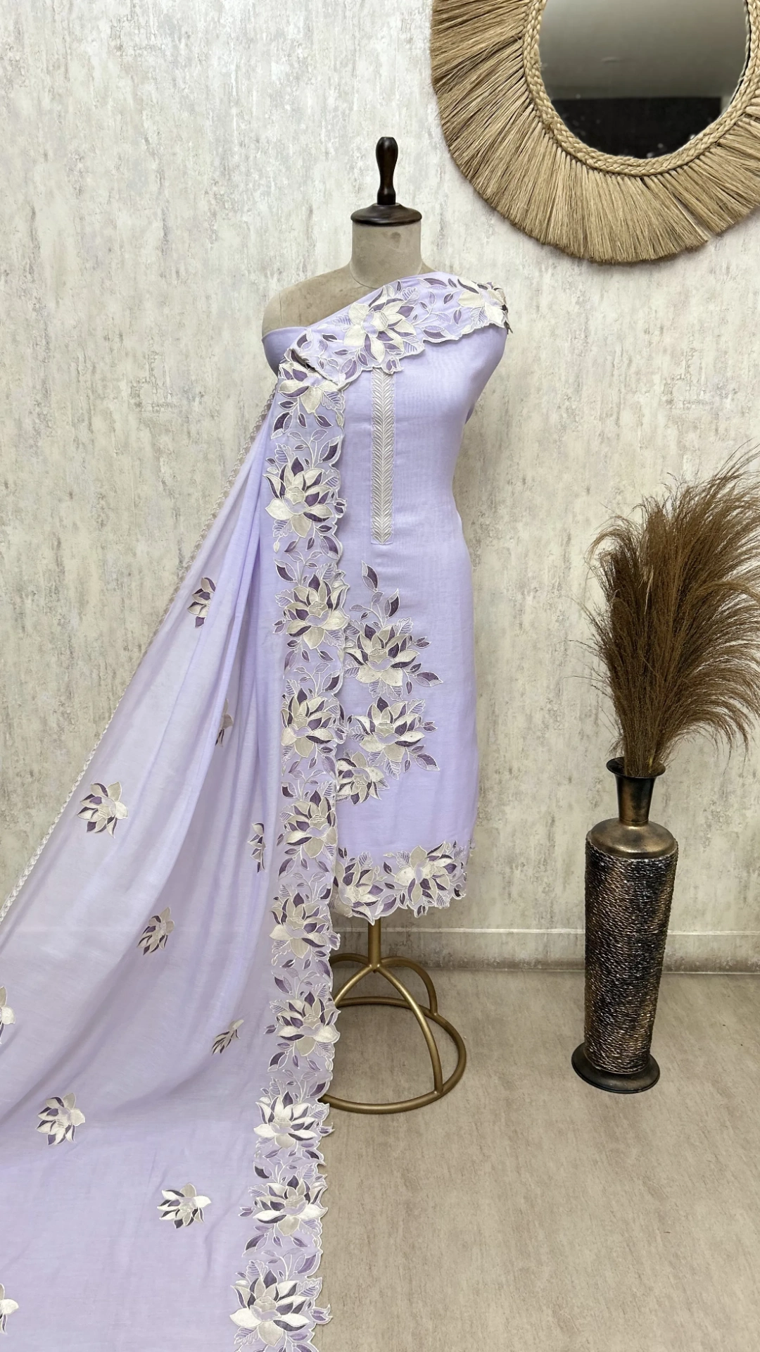 Floral Applique Mul Chanderi Unstitched Suits