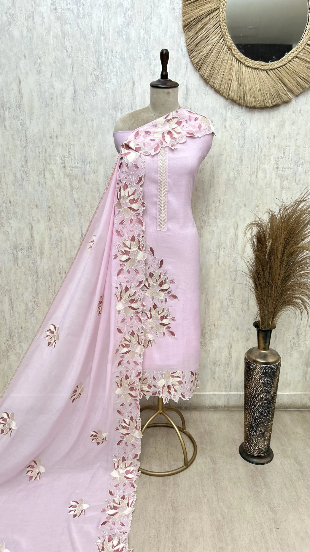 Floral Applique Mul Chanderi Unstitched Suits