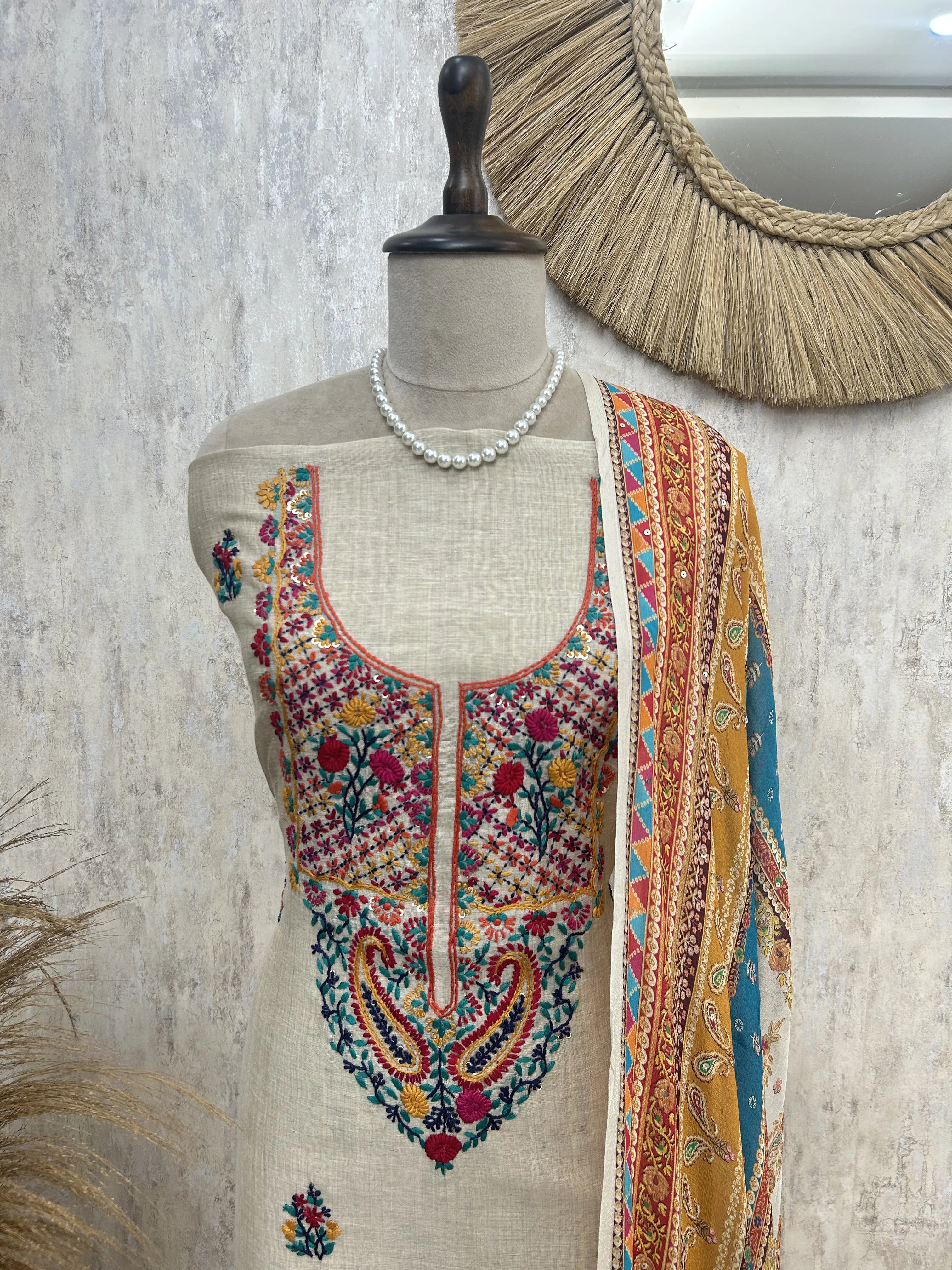 Beige Unstitched suit with Floral Thread Embroidery