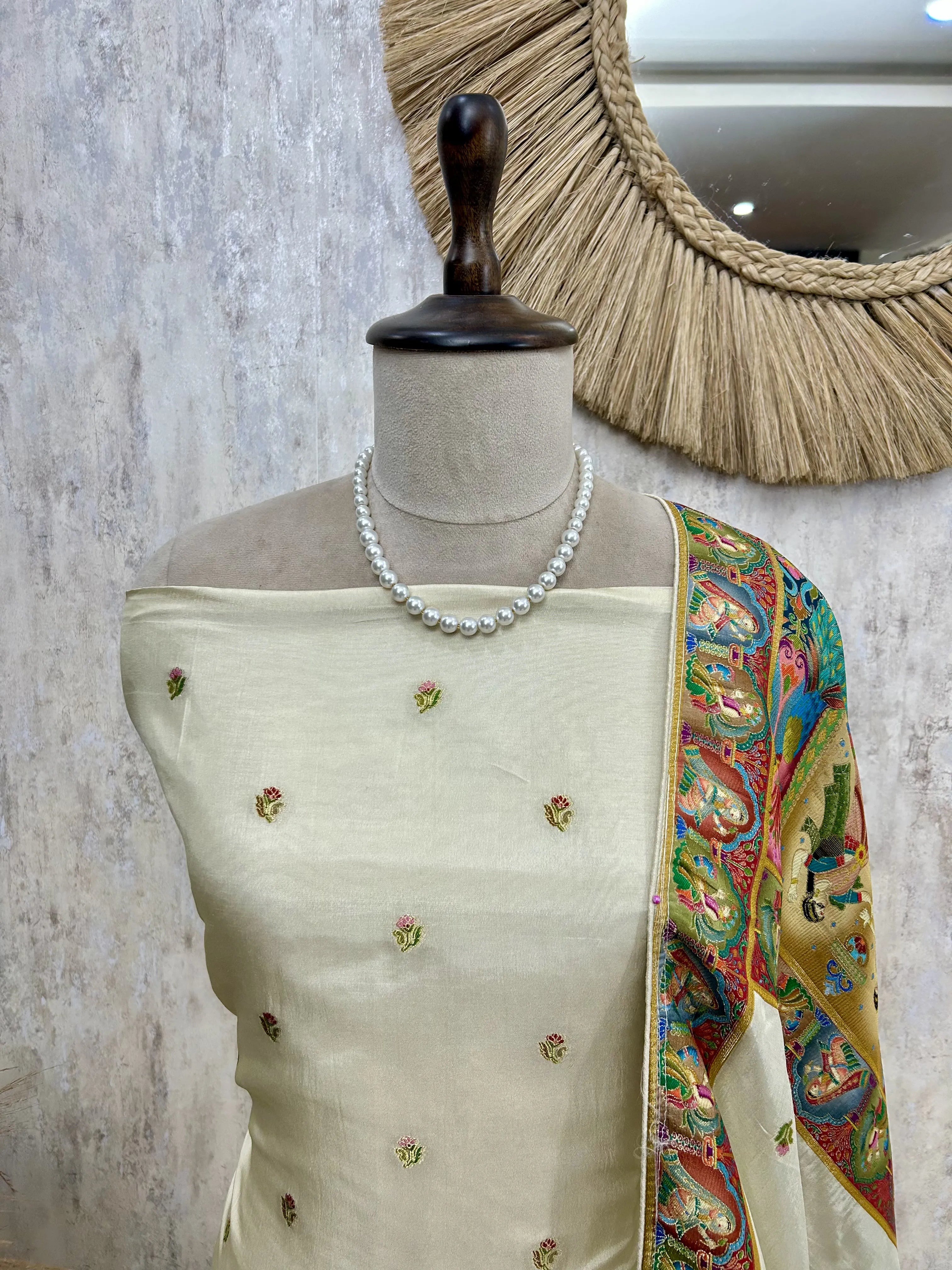 Fine Silk Unstitched Suit with Folk Motifs