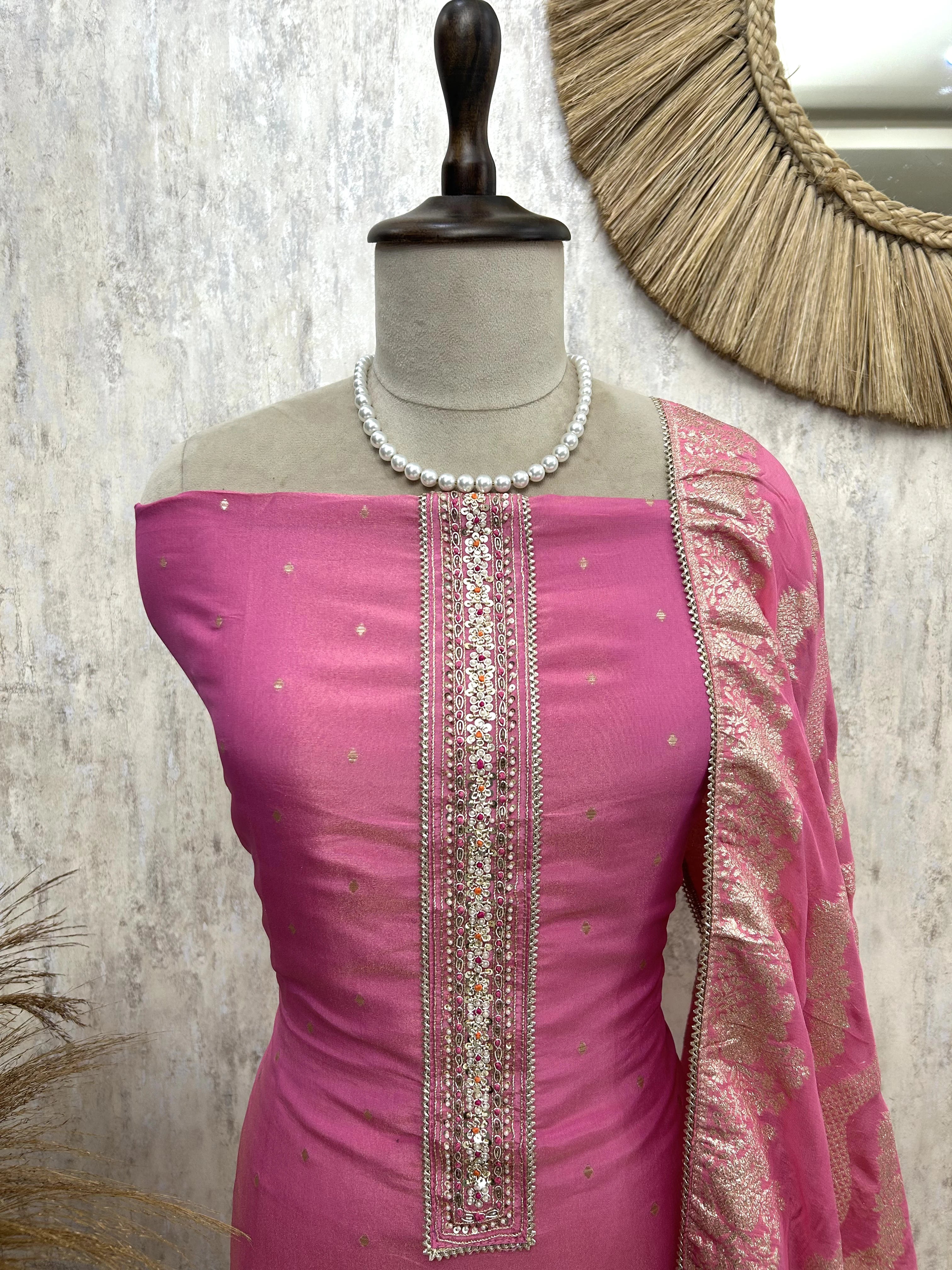 Tissue Unstitched Suit Set With Banarasi Dupatta