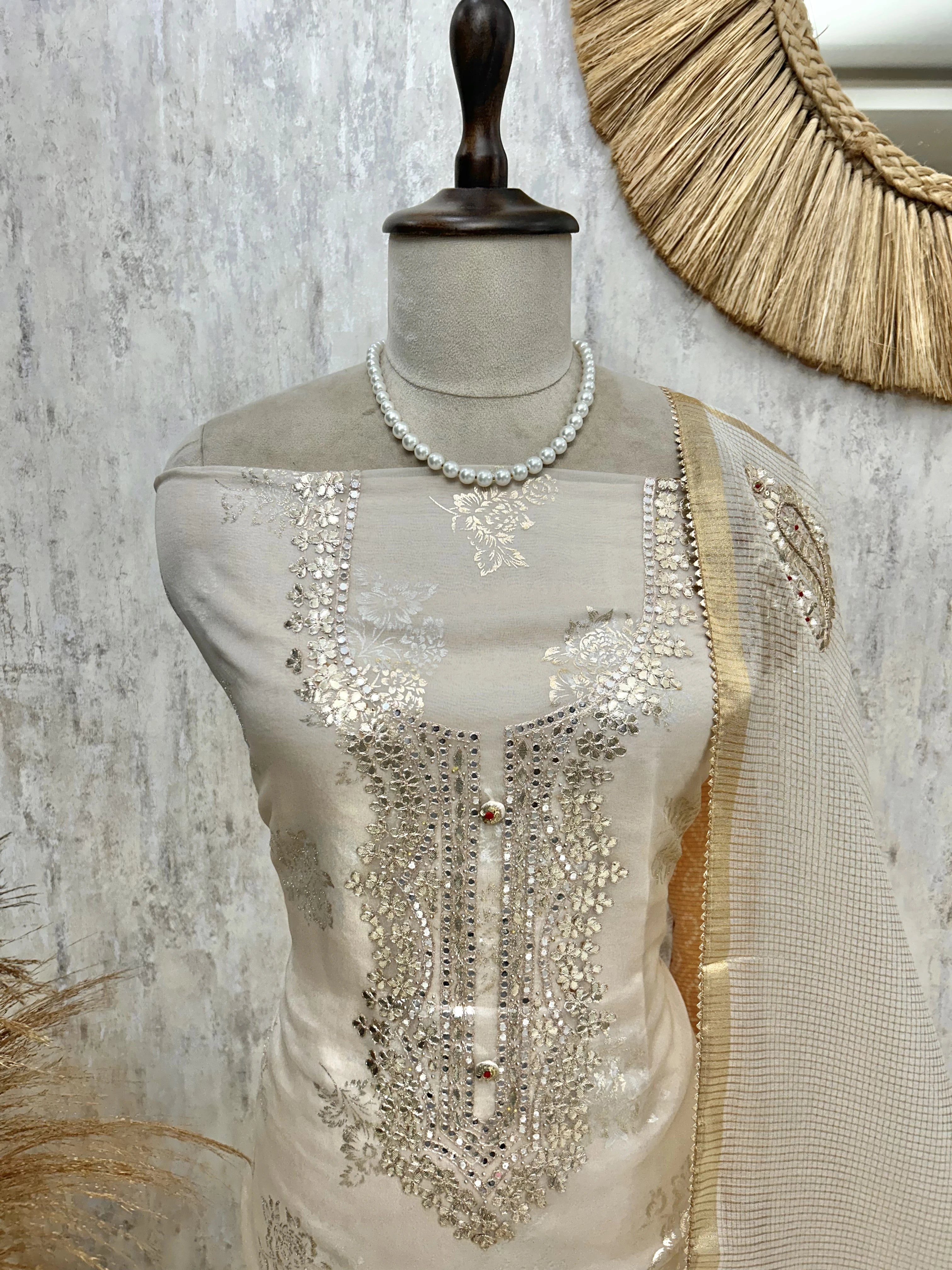 Organza Unstitched Suit Set With Applique Work
