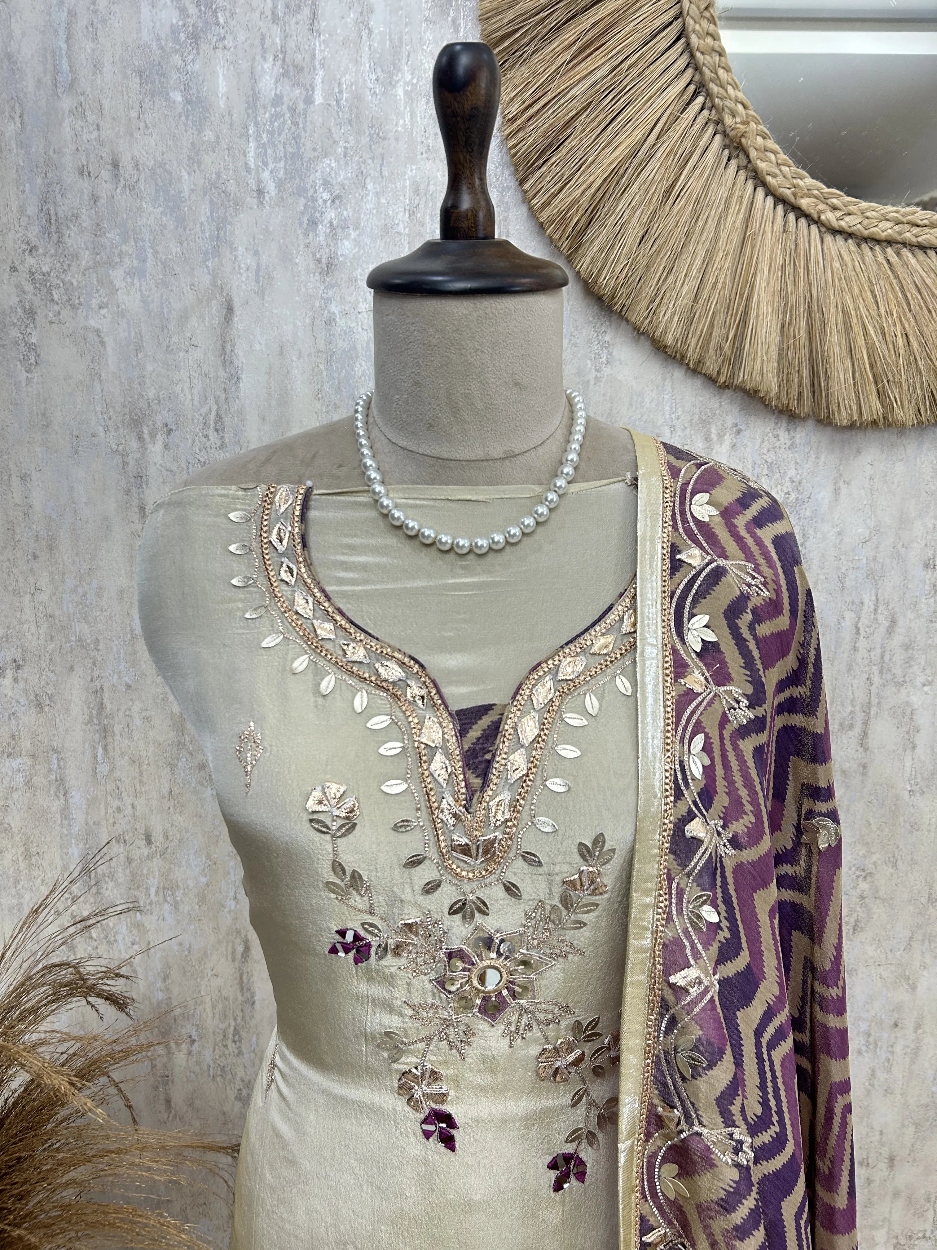 Tissue Unstitched suit with Gota patti Neckline
