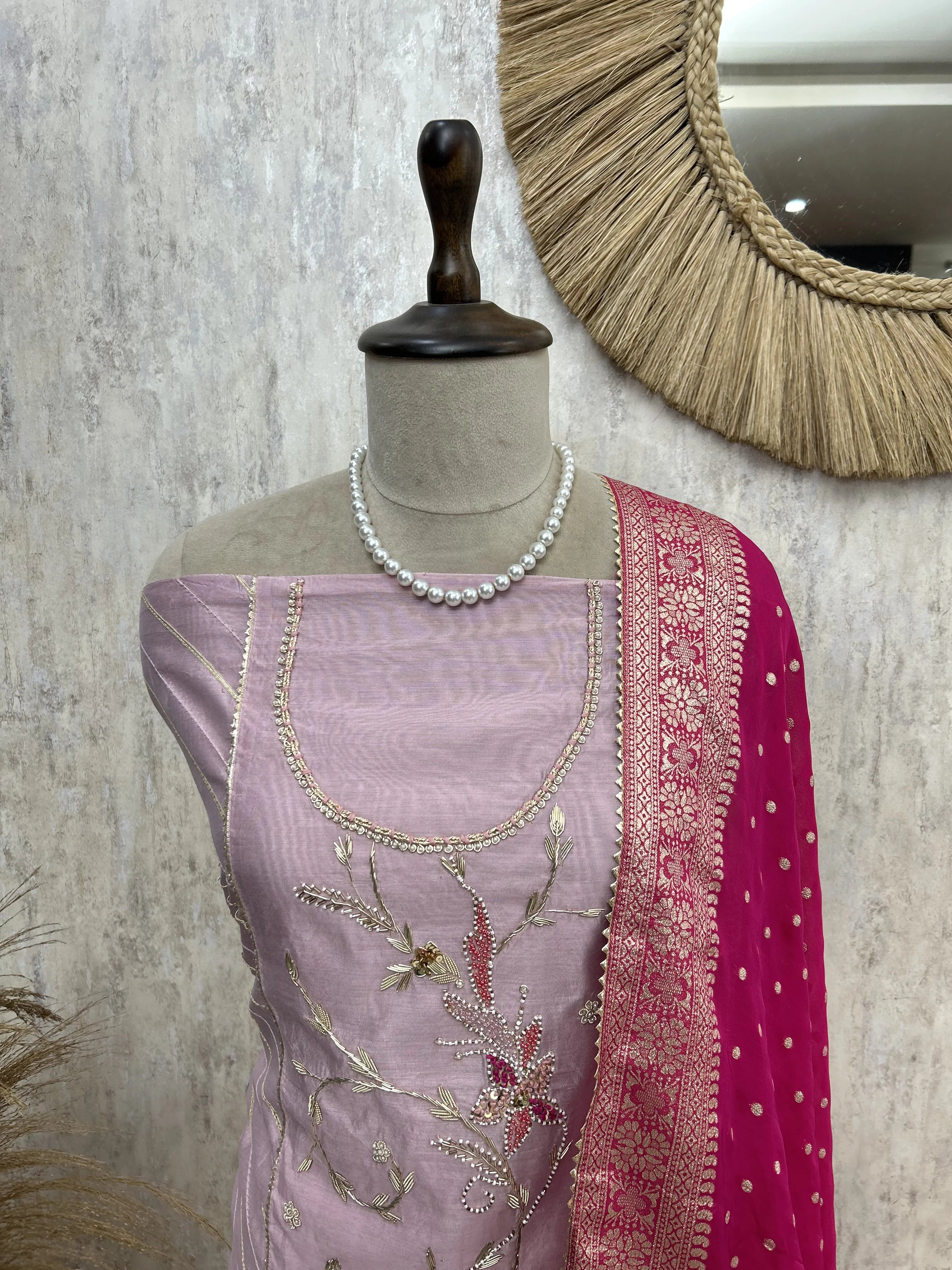 Maheshwari Unstitched Suit with floral hand embroidery
