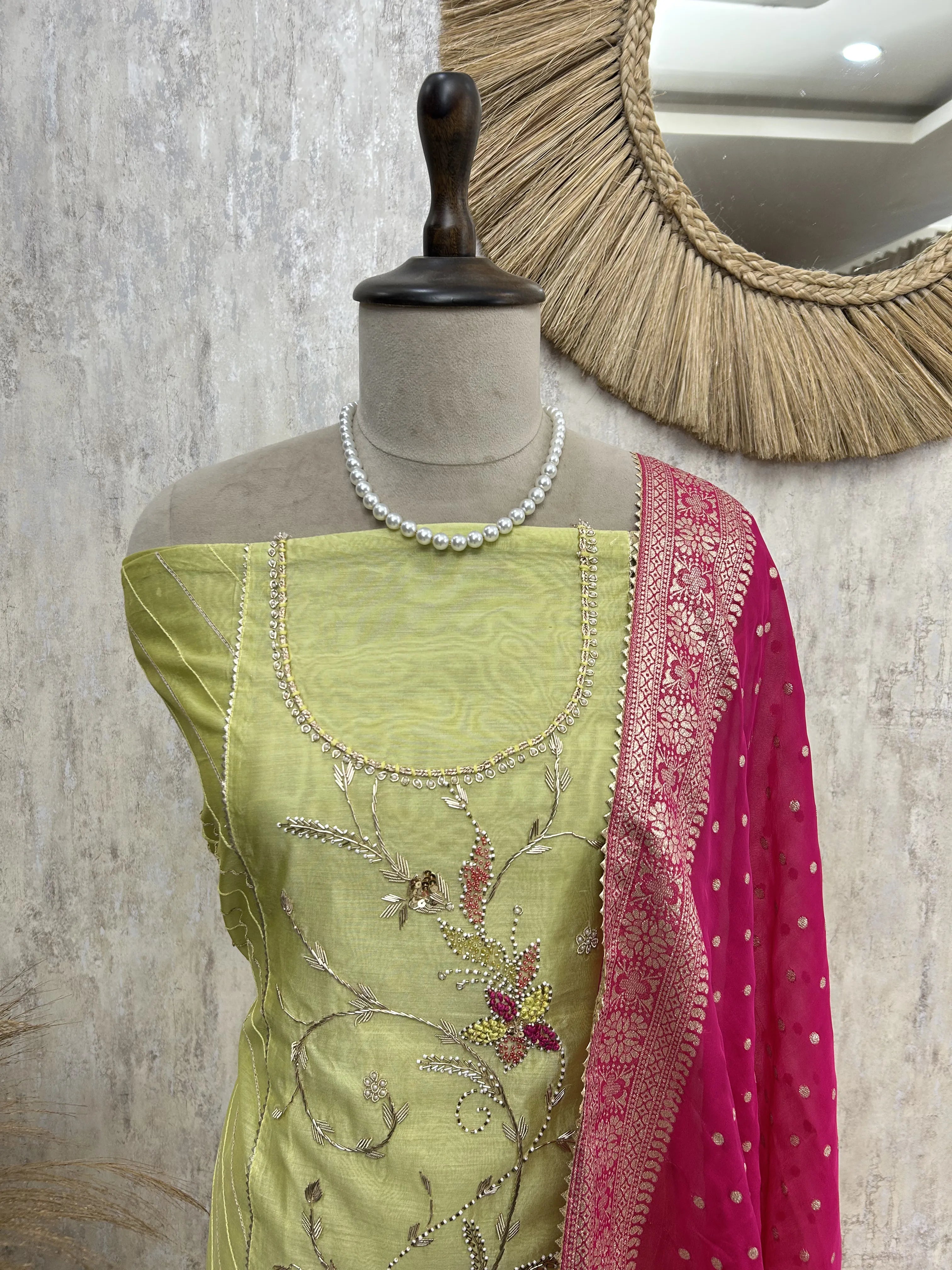 Maheshwari Unstitched Suit with floral hand embroidery