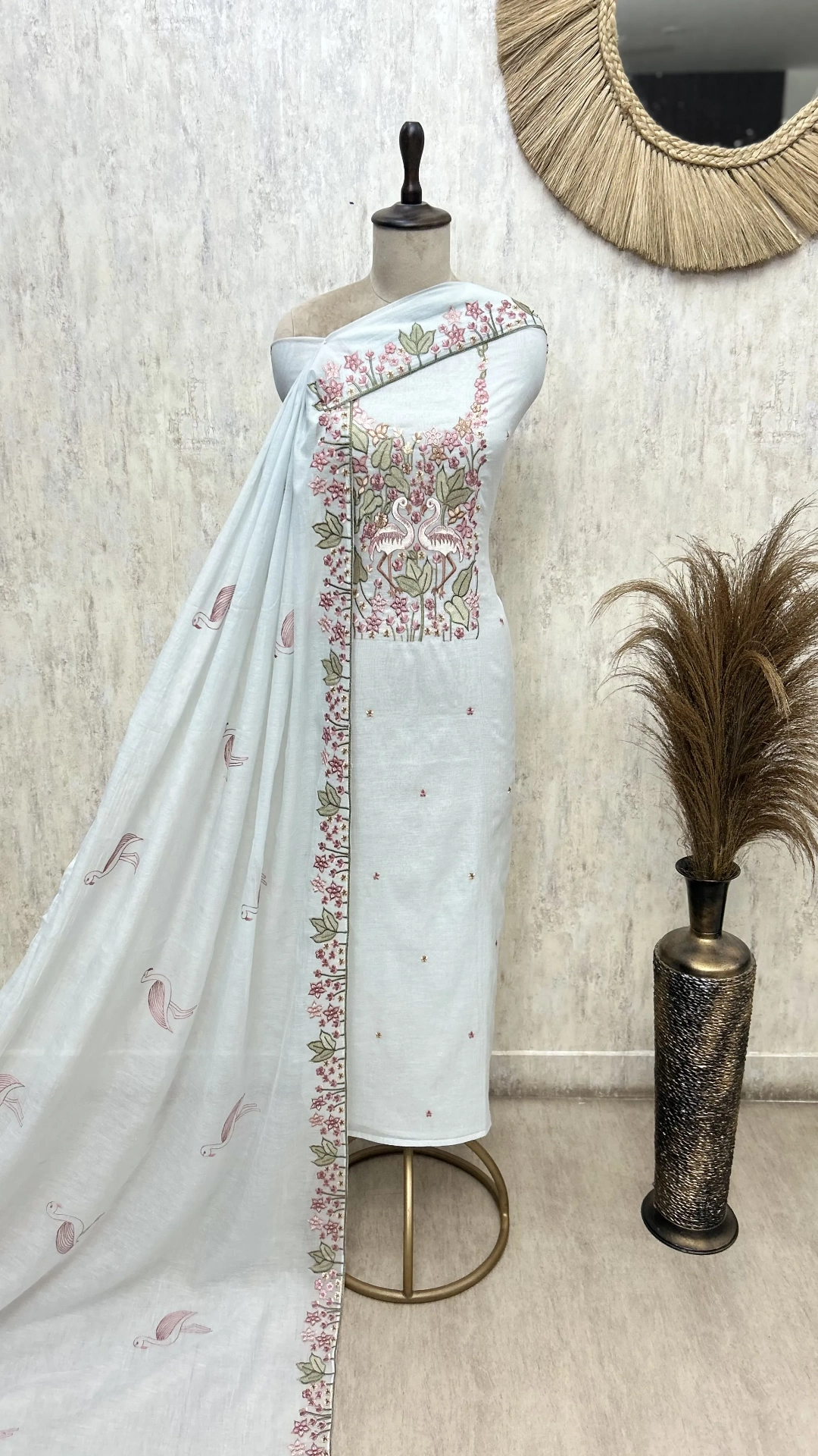 Swan and Flowers Elegance Mul Chanderi Unstitched Suits