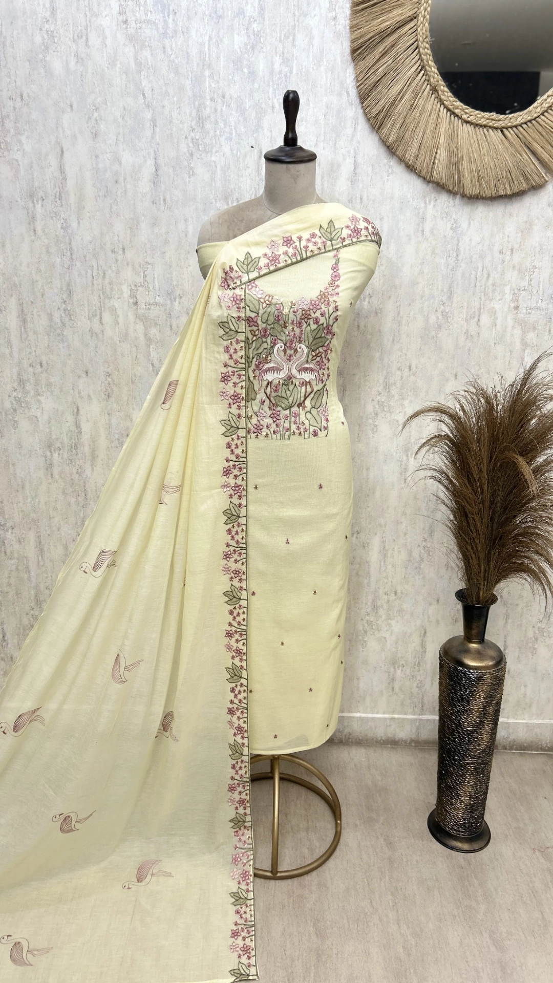 Swan and Flowers Elegance Mul Chanderi Unstitched Suits
